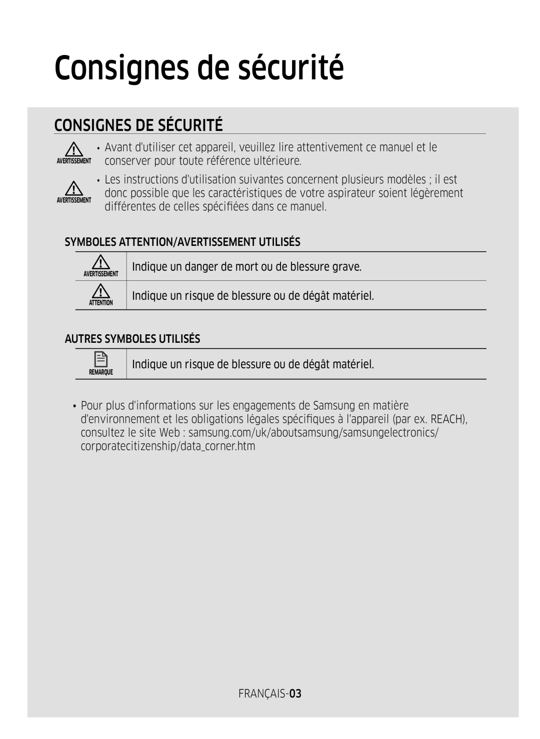 Samsung VR1GM7020UG/EG manual Consignes de sécurité, Symboles ATTENTION/AVERTISSEMENT Utilisés, Autres Symboles Utilisés 