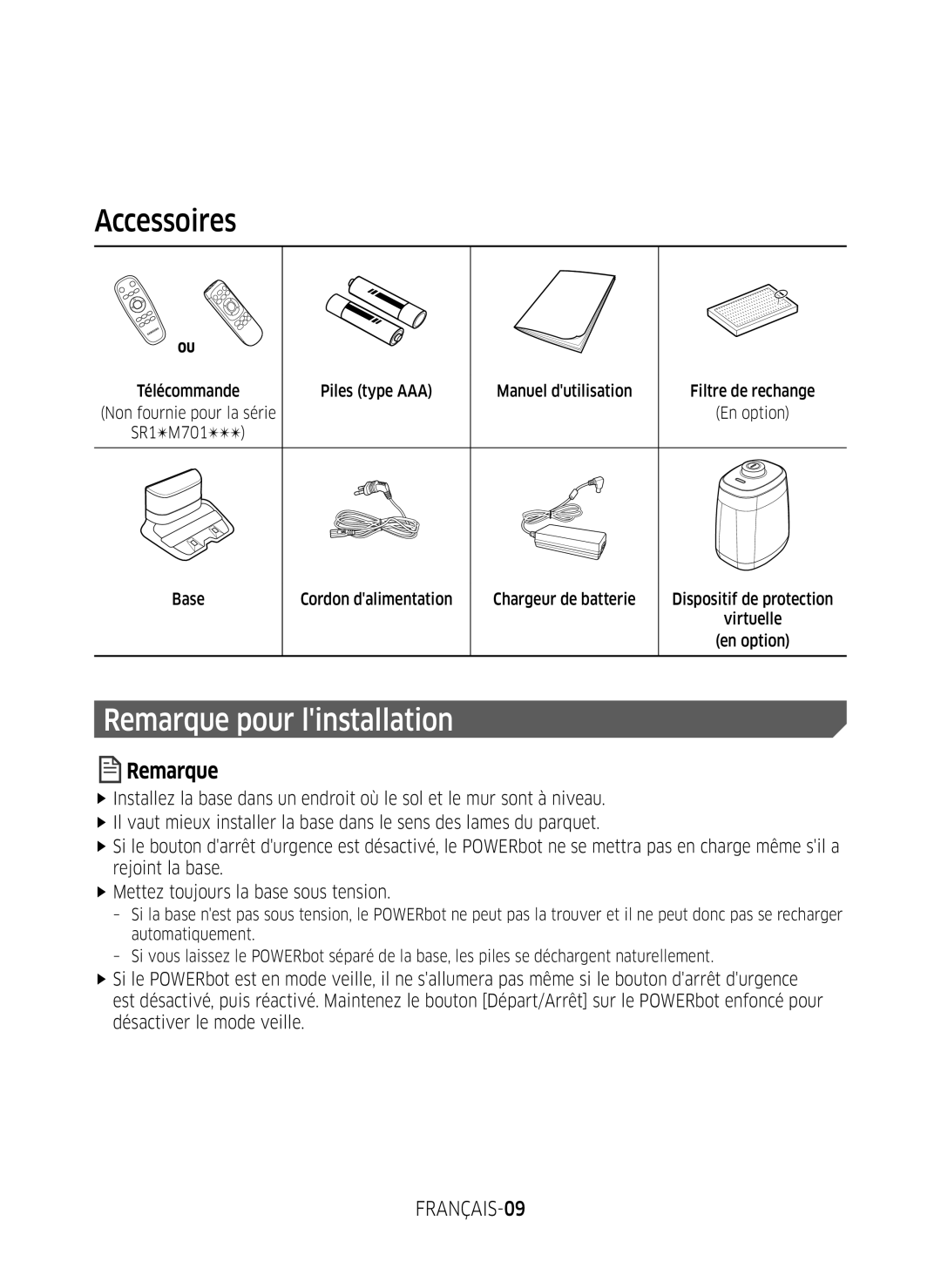 Samsung VR2GM7070WS/EG, VR1DM7020UH/EG, VR2GM7050UU/EG, VR1GM7030WW/EG manual Remarque pour linstallation, FRANÇAIS-09 