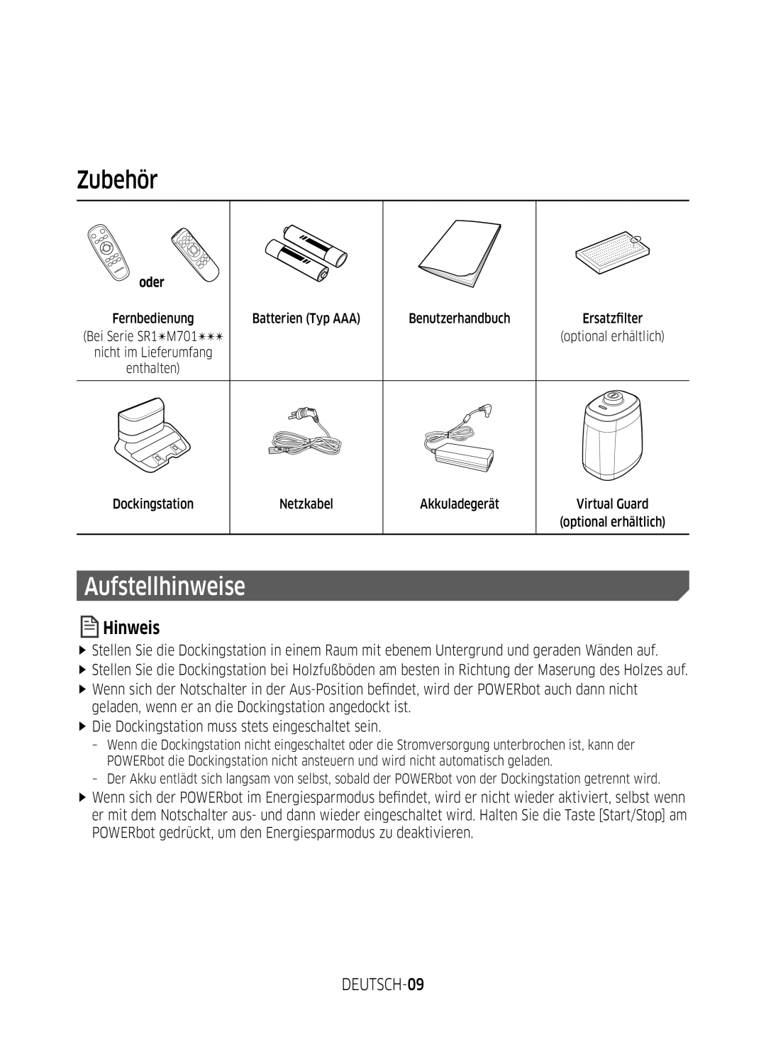 Samsung VR1GM7030WW/EG, VR1DM7020UH/EG, VR2GM7050UU/EG, VR2DM7060WD/EG manual Zubehör, Aufstellhinweise, DEUTSCH-09, Oder 