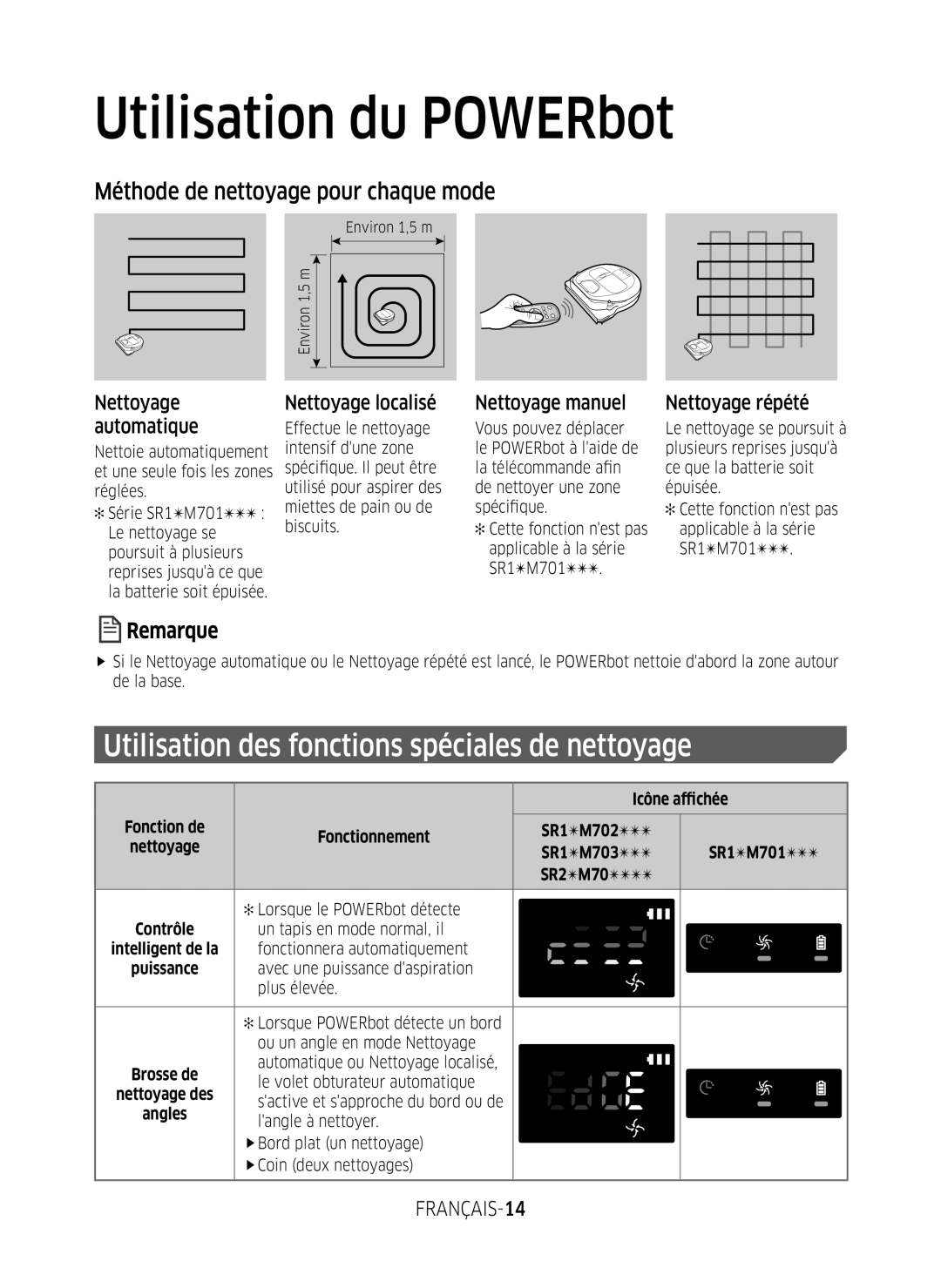 Samsung VR2DM7060WD/EG manual Utilisation des fonctions spéciales de nettoyage, Méthode de nettoyage pour chaque mode 