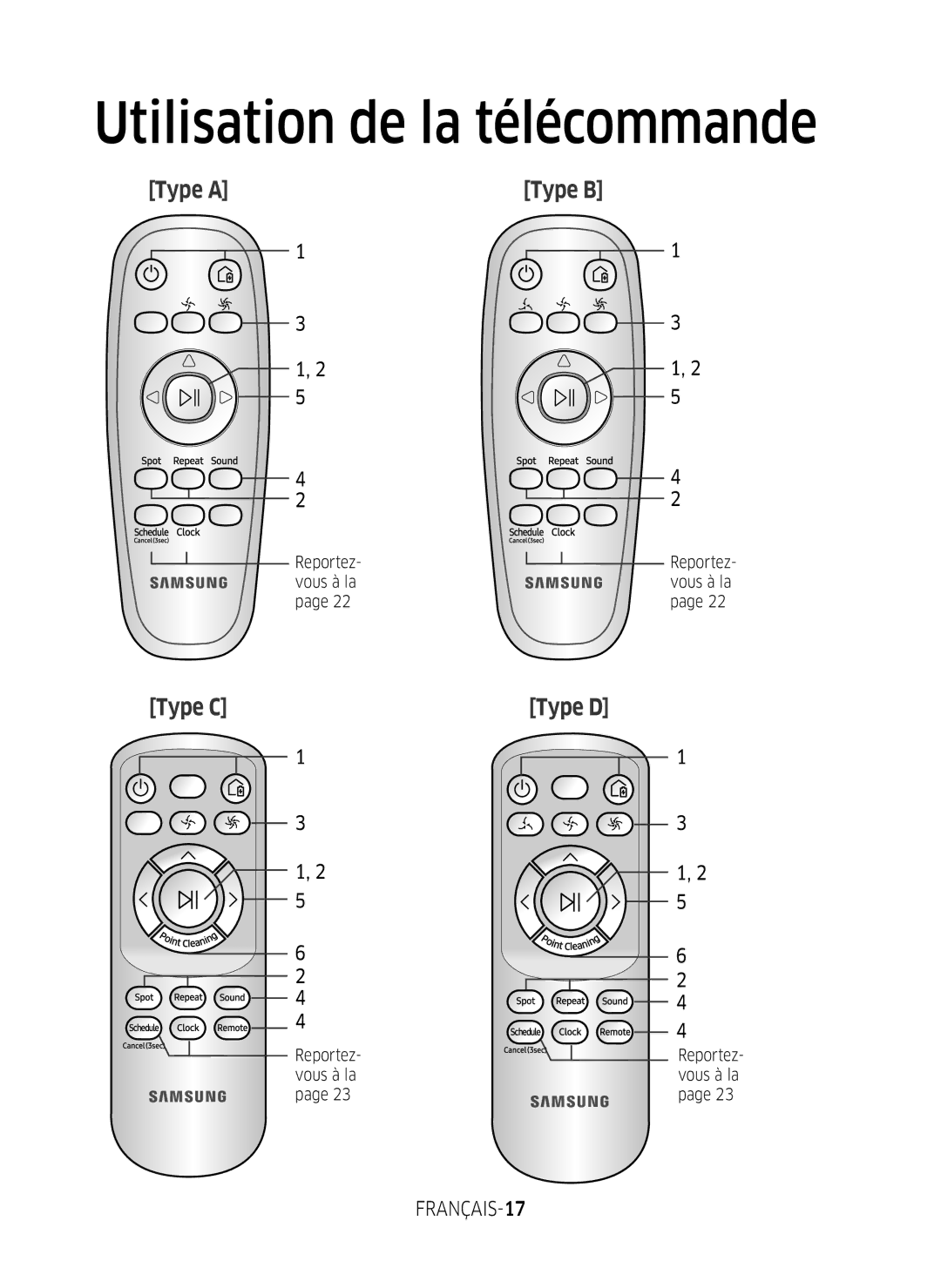 Samsung VR1GM7020UG/EG, VR1DM7020UH/EG, VR2GM7050UU/EG Utilisation de la télécommande, FRANÇAIS-17, Reportez- vous à la 