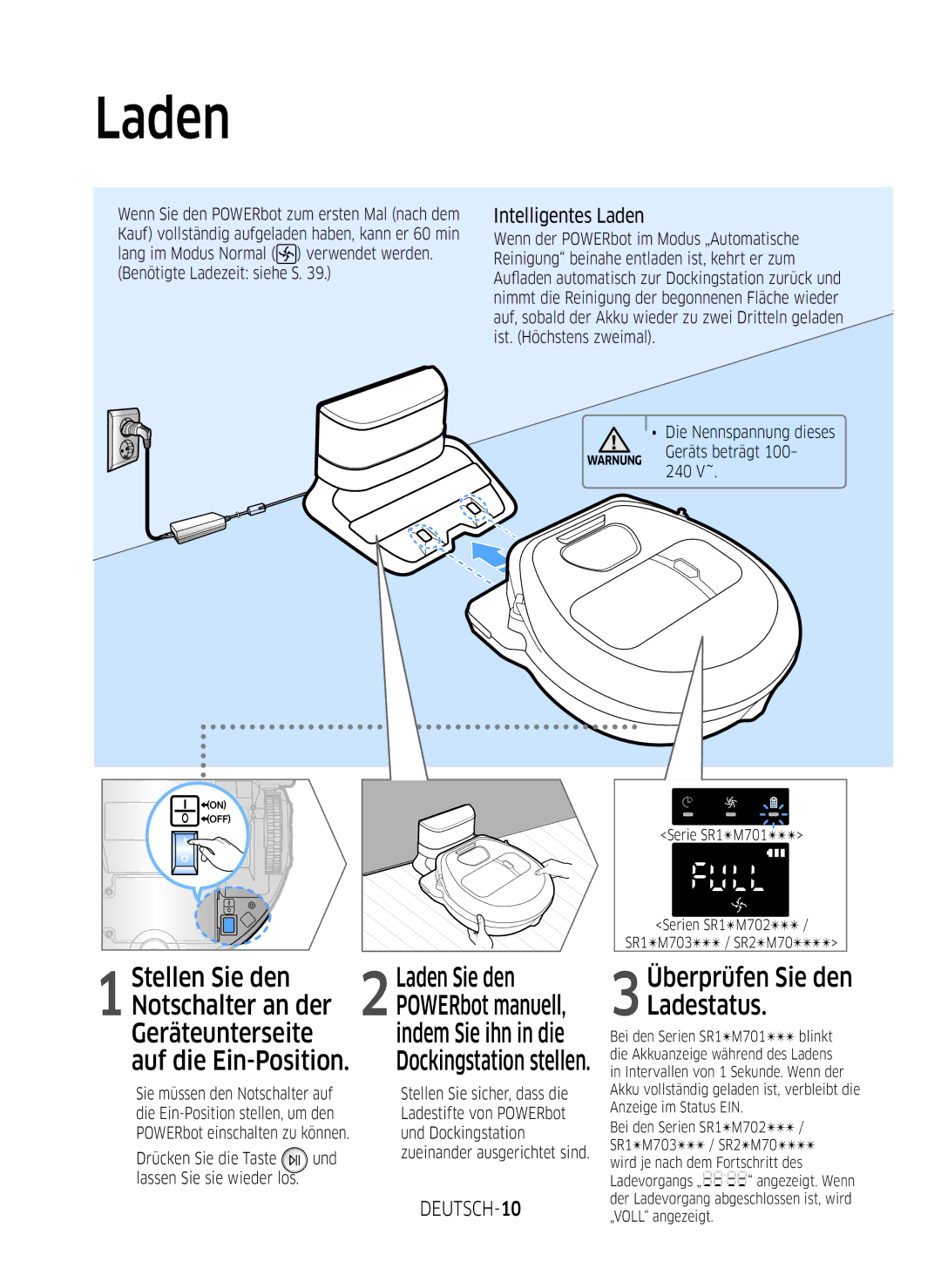 Samsung VR2DM7060WD/EG, VR1DM7020UH/EG, VR2GM7050UU/EG manual Intelligentes Laden, DEUTSCH-10, Benötigte Ladezeit siehe S 