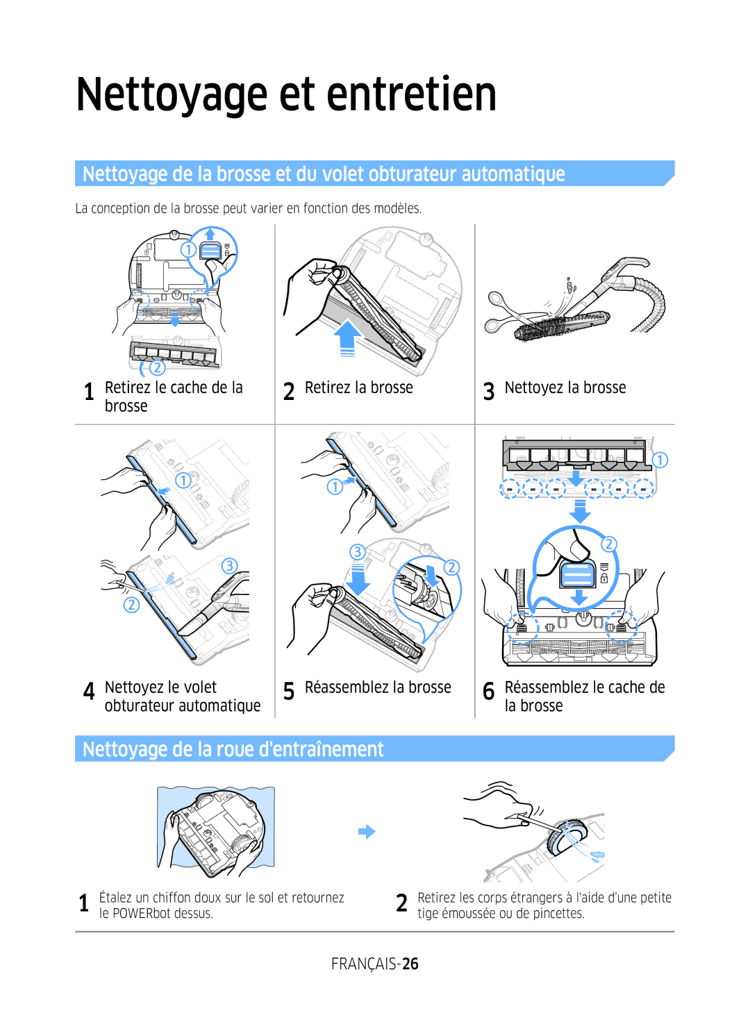 Samsung VR2GM7050UU/EG manual Nettoyage de la brosse et du volet obturateur automatique, Nettoyage de la roue dentraînement 