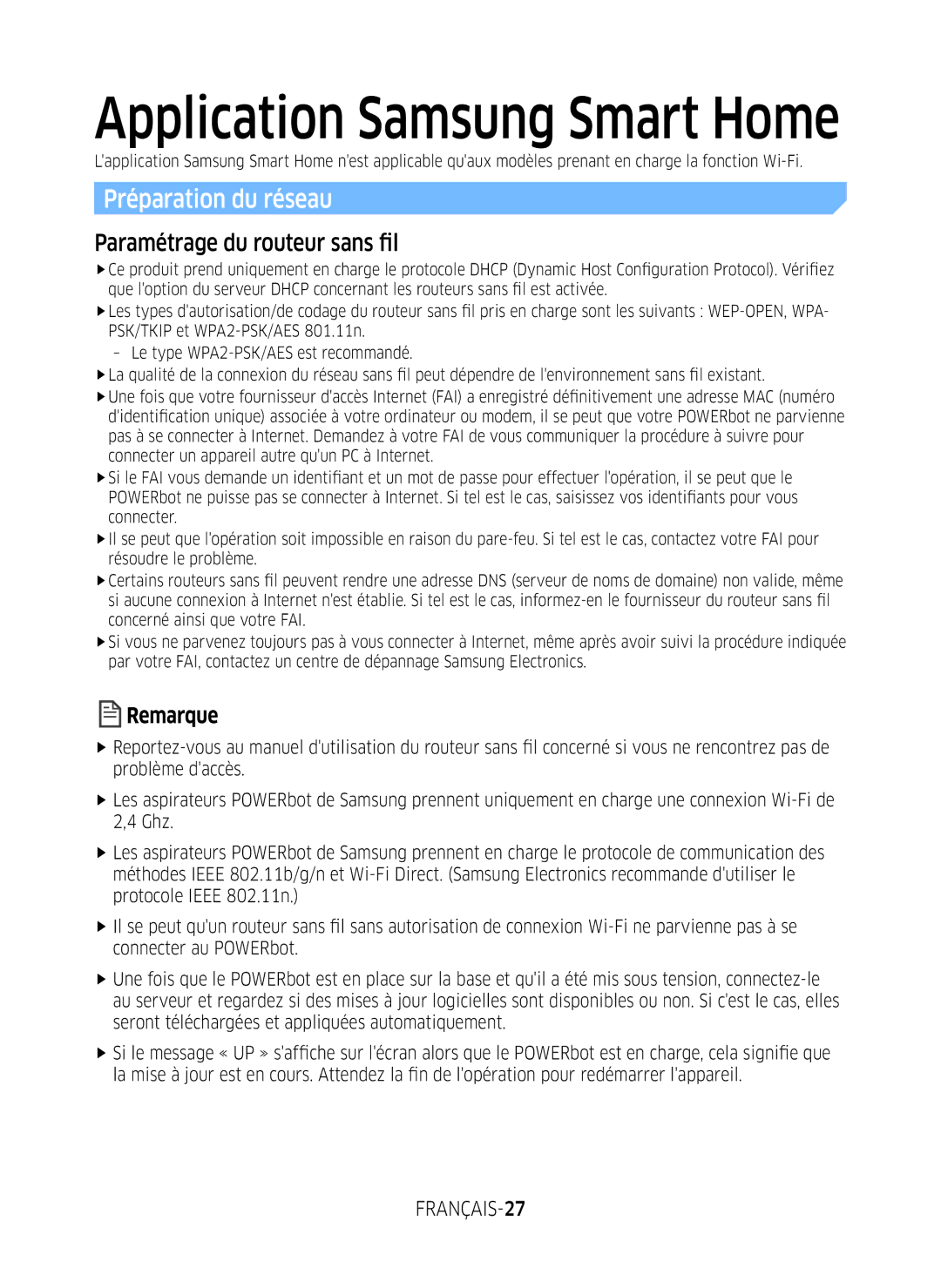 Samsung VR1GM7030WW/EG, VR1DM7020UH/EG, VR2GM7050UU/EG Préparation du réseau, Paramétrage du routeur sans fil, FRANÇAIS-27 