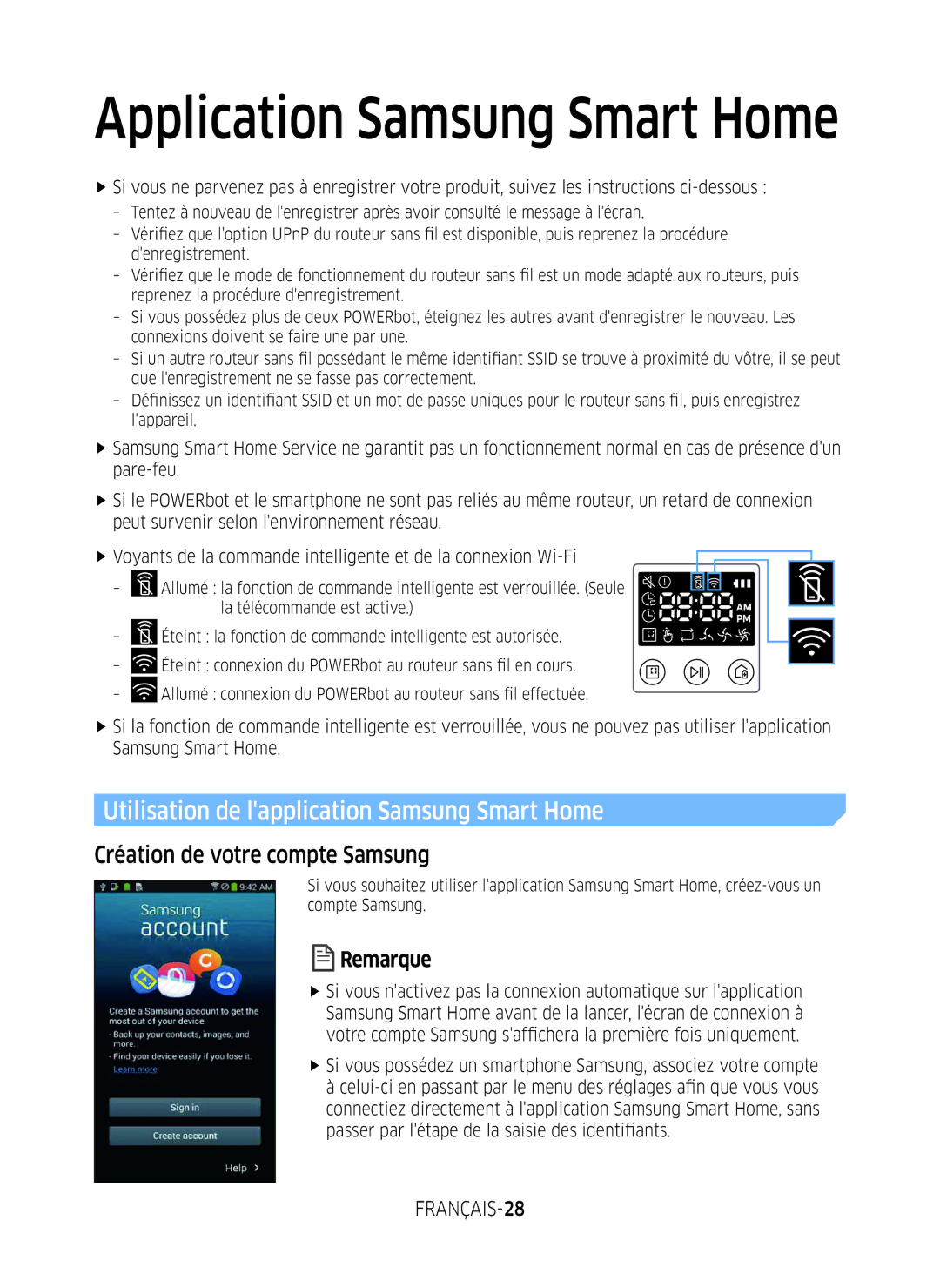 Samsung VR2DM7060WD/EG manual Utilisation de lapplication Samsung Smart Home, Création de votre compte Samsung, FRANÇAIS-28 