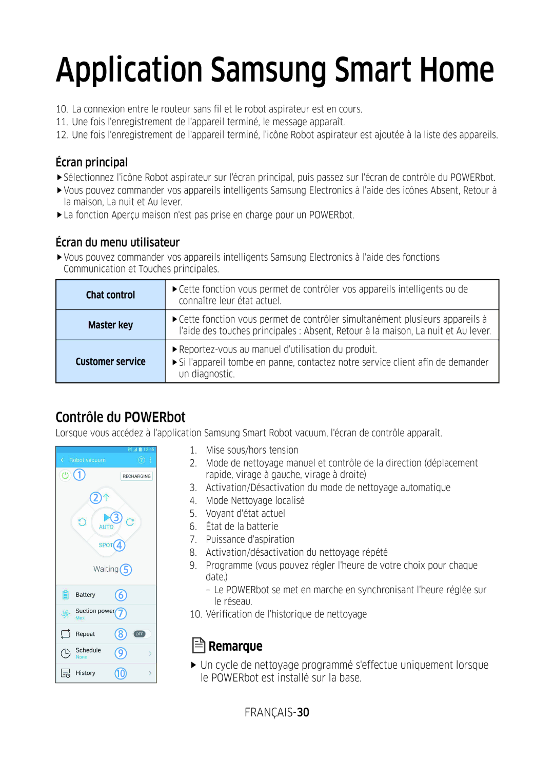 Samsung VR2GM7070WS/EG, VR1DM7020UH/EG manual Contrôle du POWERbot, Écran principal, Écran du menu utilisateur, FRANÇAIS-30 