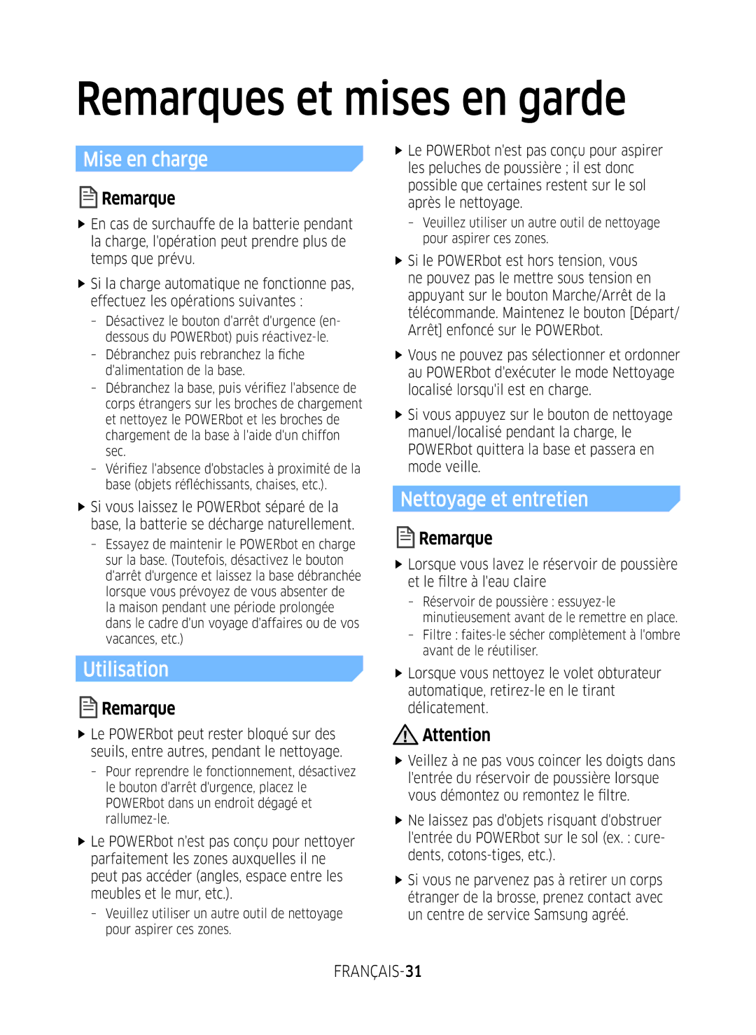 Samsung VR1GM7020UG/EG manual Remarques et mises en garde, Mise en charge, Utilisation, Nettoyage et entretien, FRANÇAIS-31 