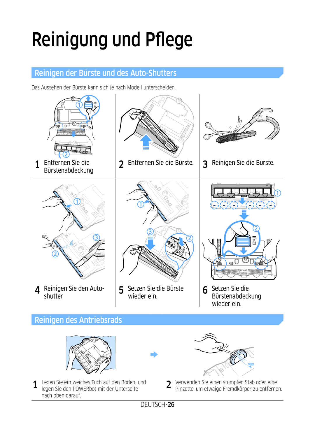 Samsung VR2GM7070WS/EG manual Reinigen der Bürste und des Auto-Shutters, Reinigen des Antriebsrads, Shutter Wieder ein 