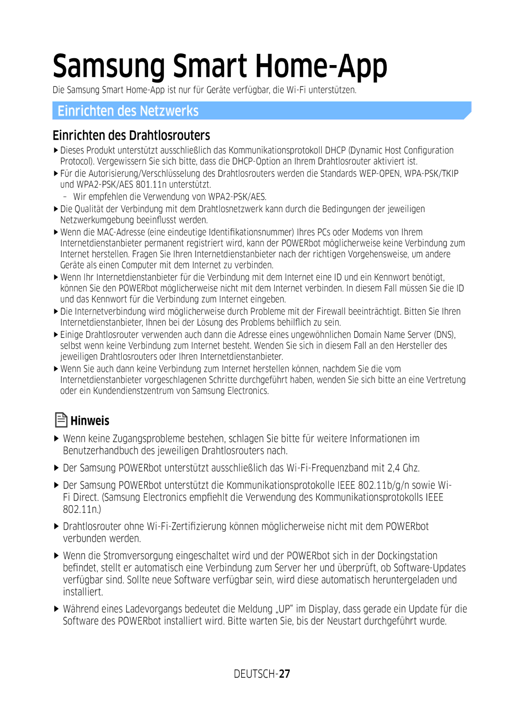 Samsung VR1GM7020UG/EG manual Samsung Smart Home-App, Einrichten des Netzwerks, Einrichten des Drahtlosrouters, DEUTSCH-27 