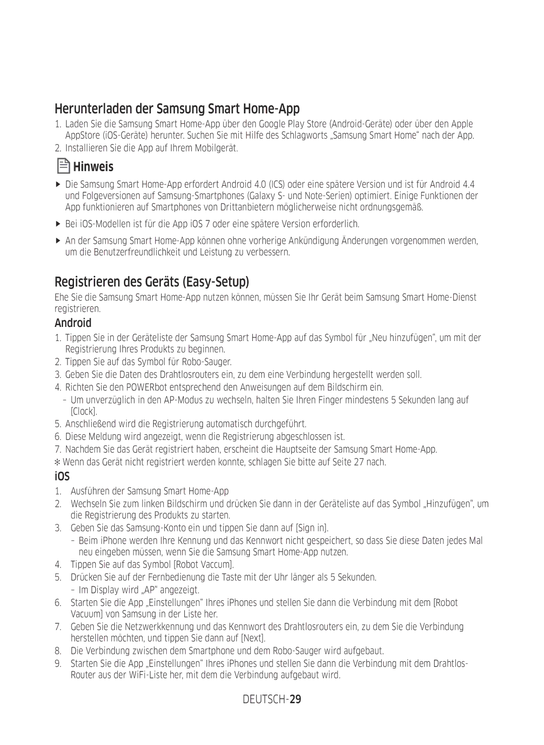 Samsung VR2GM7050UU/EG manual Herunterladen der Samsung Smart Home-App, Registrieren des Geräts Easy-Setup, Android, Ios 