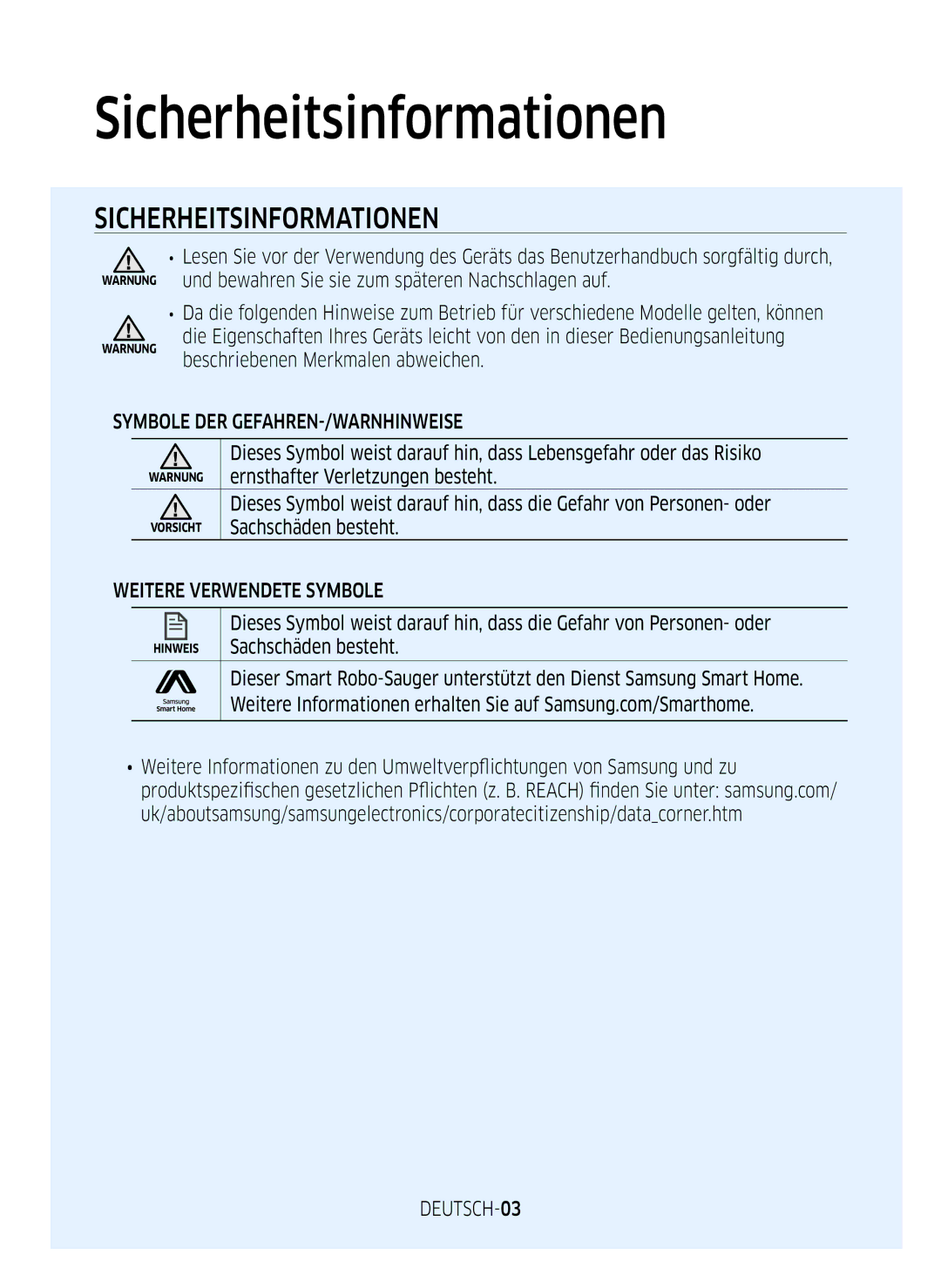 Samsung VR2DM7060WD/EG manual Sicherheitsinformationen, Symbole DER GEFAHREN-/WARNHINWEISE, Weitere Verwendete Symbole 