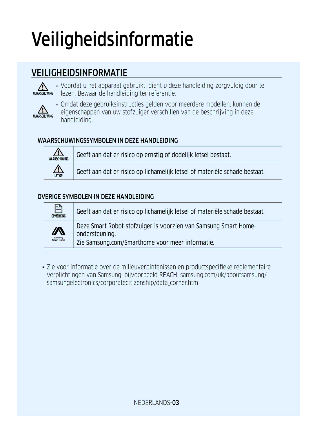 Samsung VR2GM7050UU/EG, VR1DM7020UH/EG Veiligheidsinformatie, Waarschuwingssymbolen in Deze Handleiding, NEDERLANDS-03 