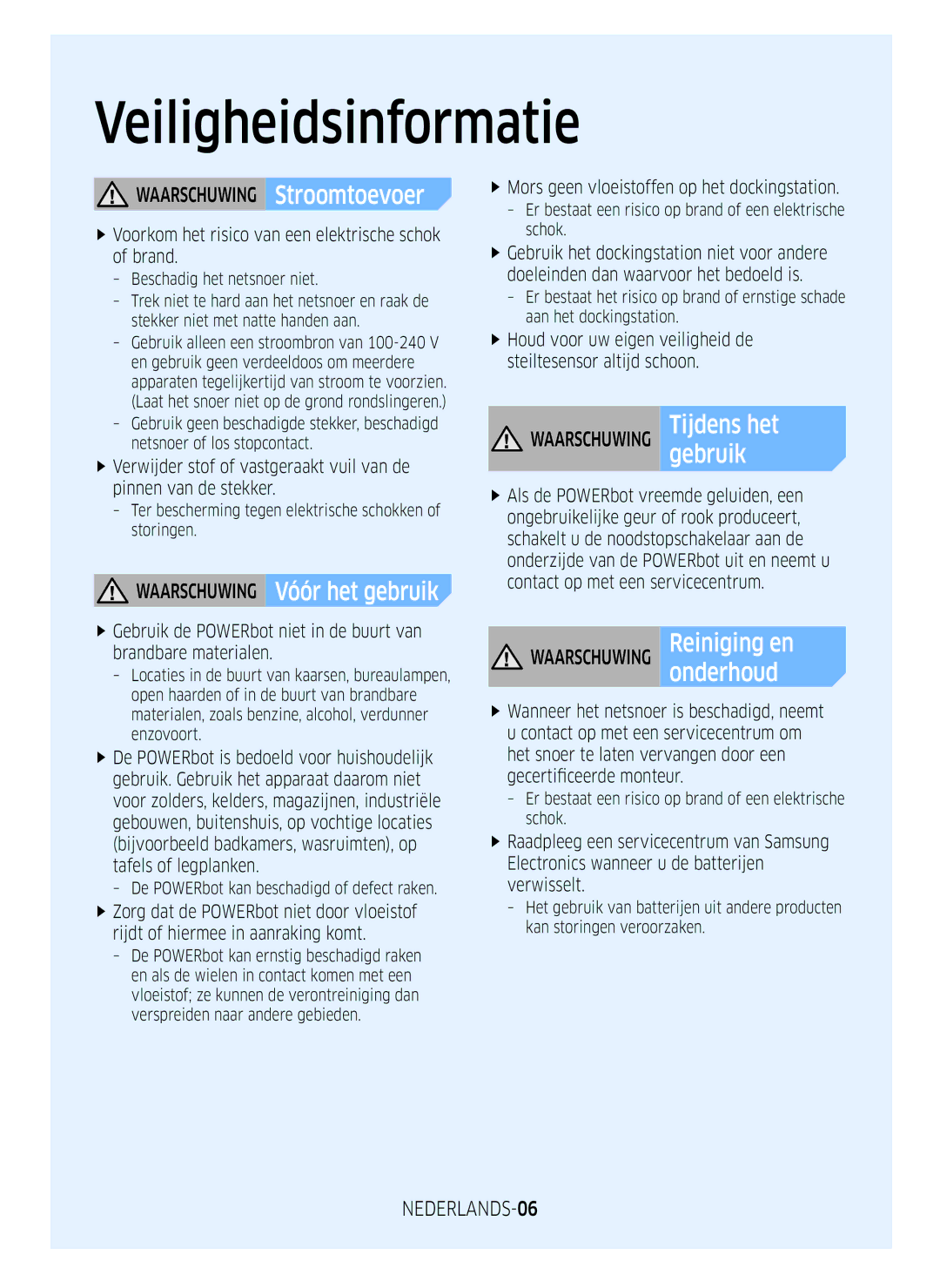 Samsung VR1GM7010UW/EG, VR1DM7020UH/EG, VR2GM7050UU/EG manual Waarschuwing Vóór het gebruik, Onderhoud, NEDERLANDS-06 