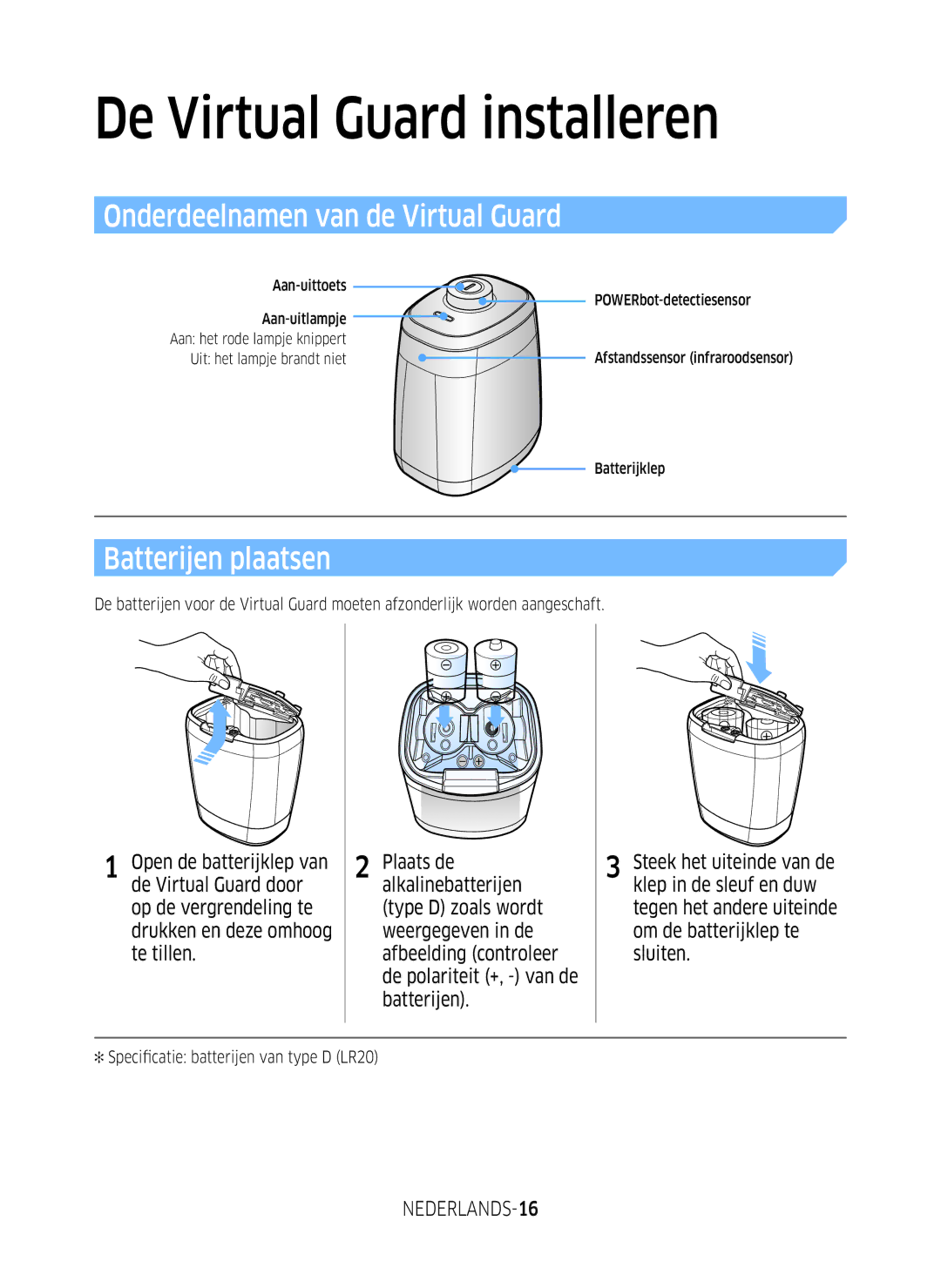 Samsung VR1DM7020UH/EG, VR2GM7050UU/EG manual Onderdeelnamen van de Virtual Guard, Batterijen plaatsen, NEDERLANDS-16 