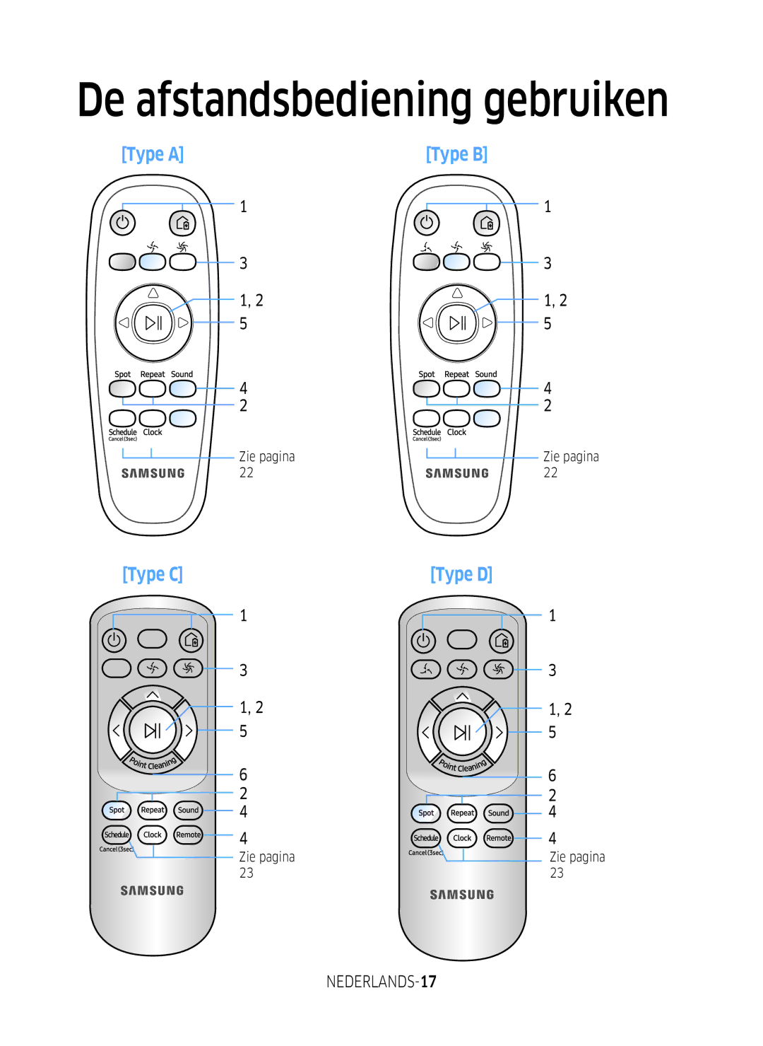 Samsung VR2GM7050UU/EG, VR1DM7020UH/EG, VR1GM7030WW/EG manual De afstandsbediening gebruiken, NEDERLANDS-17, Zie pagina 