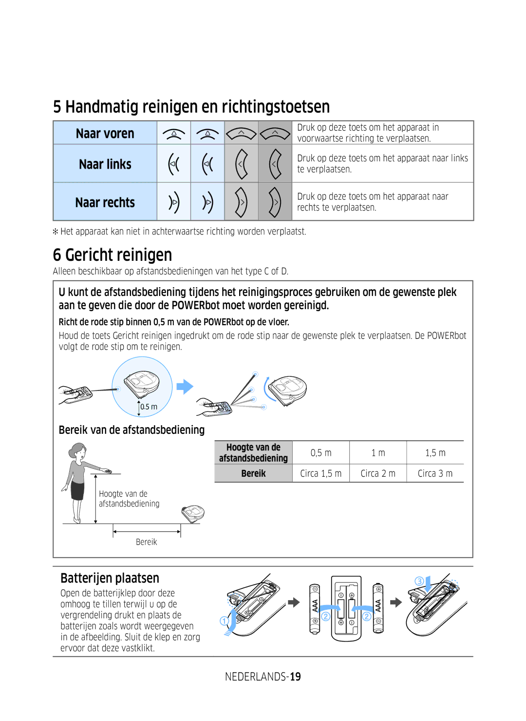 Samsung VR2DM7060WD/EG manual Handmatig reinigen en richtingstoetsen, Gericht reinigen, Batterijen plaatsen, NEDERLANDS-19 