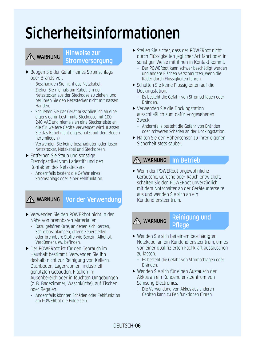 Samsung VR1GM7020UG/EG manual Warnung Vor der Verwendung, Warnung Im Betrieb, Warnung ReinigungPflege und, DEUTSCH-06 