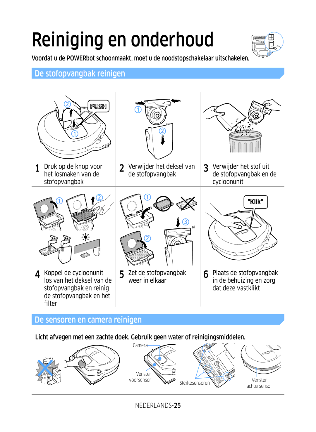 Samsung VR1GM7030WW/EG Reiniging en onderhoud, De stofopvangbak reinigen, De sensoren en camera reinigen, NEDERLANDS-25 