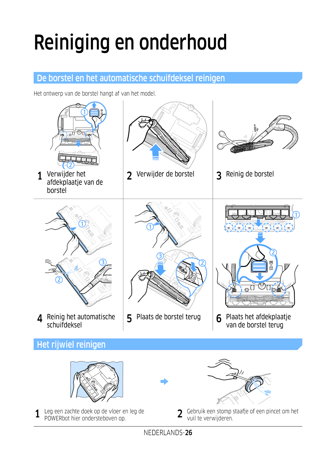 Samsung VR2DM7060WD/EG manual De borstel en het automatische schuifdeksel reinigen, Het rijwiel reinigen, NEDERLANDS-26 