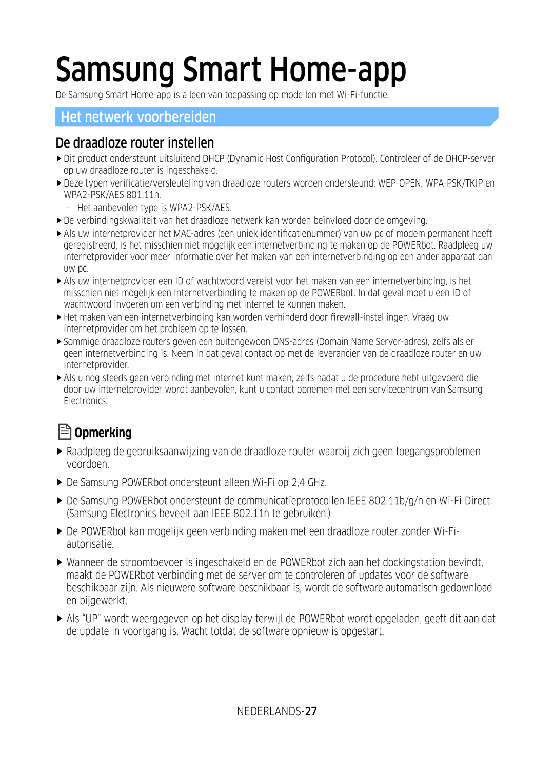 Samsung VR1GM7010UW/EG, VR1DM7020UH/EG manual Het netwerk voorbereiden, De draadloze router instellen, NEDERLANDS-27 