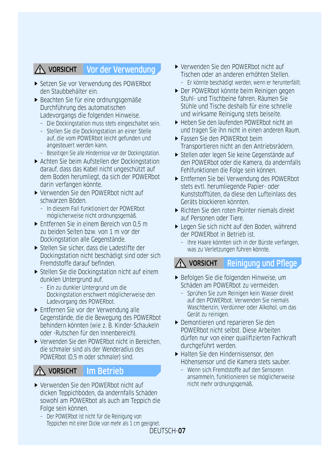 Samsung VR1DM7020UH/EG manual Vorsicht Vor der Verwendung, Vorsicht Reinigung und Pflege, Vorsicht Im Betrieb, DEUTSCH-07 