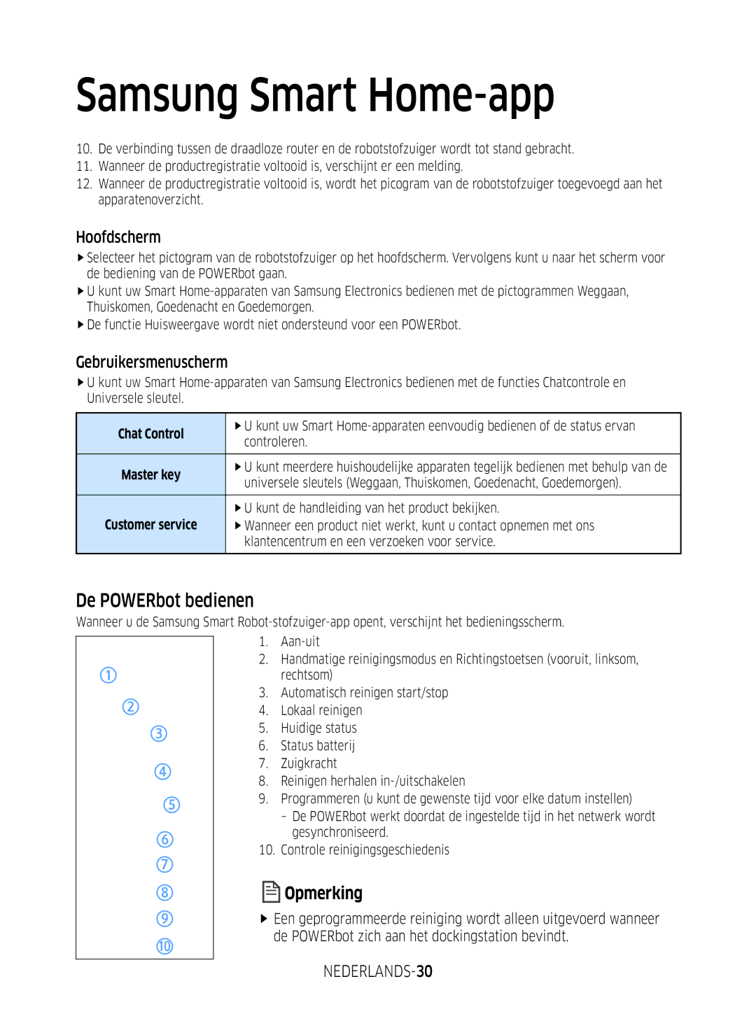 Samsung VR1DM7020UH/EG, VR2GM7050UU/EG manual De POWERbot bedienen, Hoofdscherm, Gebruikersmenuscherm, NEDERLANDS-30 