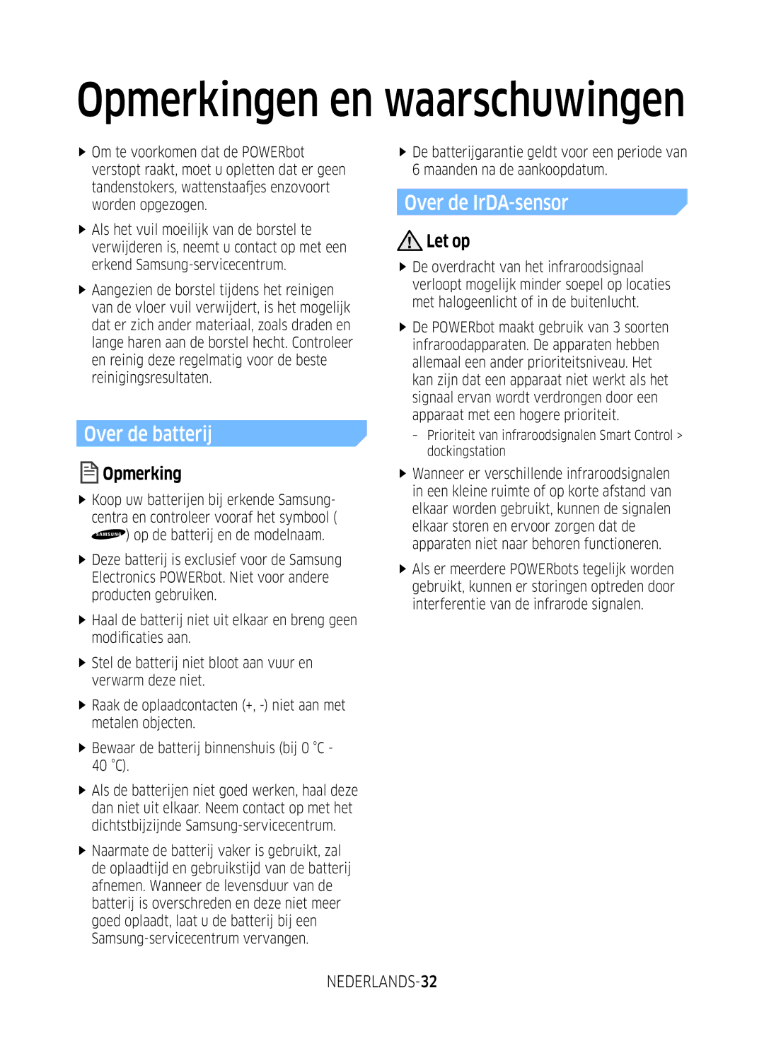 Samsung VR1GM7030WW/EG, VR1DM7020UH/EG, VR2GM7050UU/EG, VR2DM7060WD/EG Over de batterij, Over de IrDA-sensor, NEDERLANDS-32 