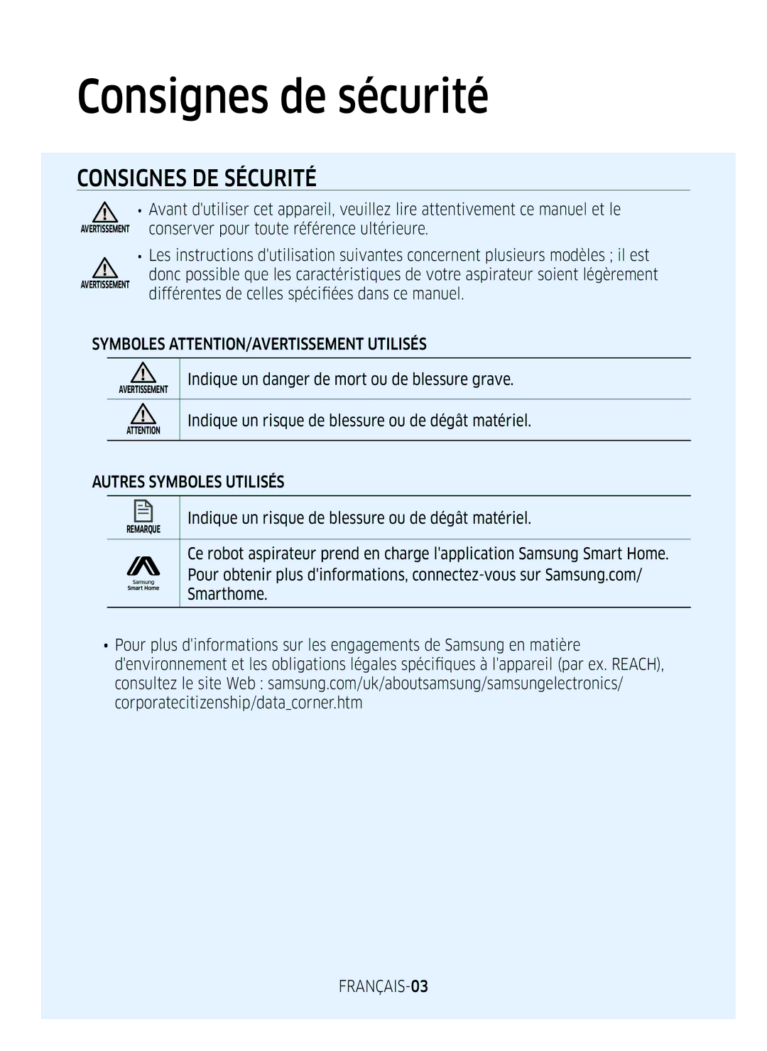 Samsung VR1GM7020UG/EG manual Consignes de sécurité, Symboles ATTENTION/AVERTISSEMENT Utilisés, Autres Symboles Utilisés 