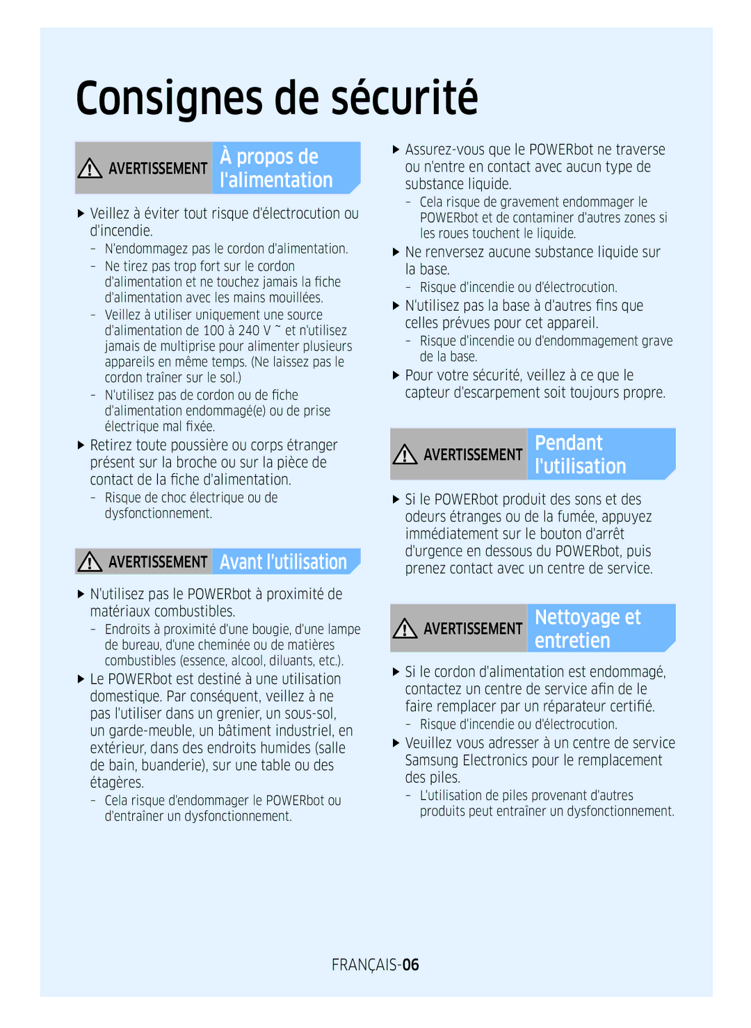 Samsung VR1GM7030WW/EG manual Lalimentation, Avertissement Avant lutilisation, Avertissement À propos de, FRANÇAIS-06 