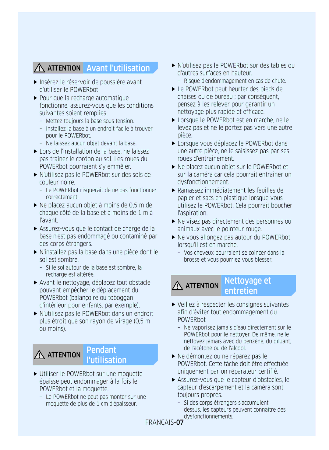 Samsung VR2DM7060WD/EG, VR1DM7020UH/EG, VR2GM7050UU/EG manual FfNutilisez pas le POWERbot sur des sols de couleur noire 