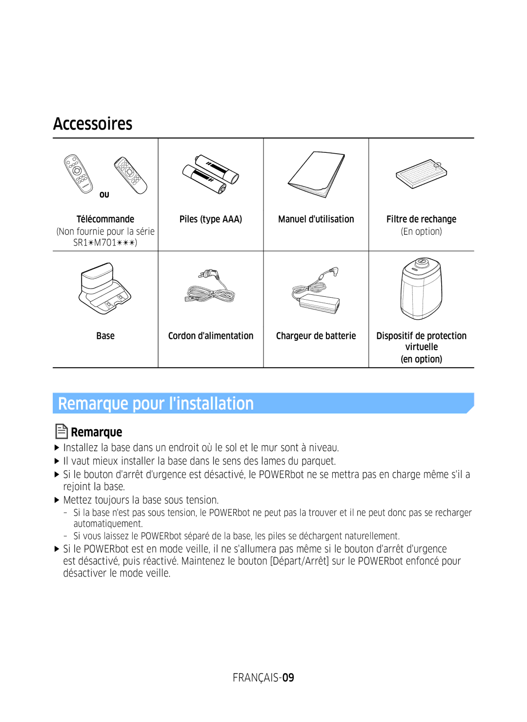 Samsung VR2GM7070WS/EG, VR1DM7020UH/EG, VR2GM7050UU/EG, VR1GM7030WW/EG manual Remarque pour linstallation, FRANÇAIS-09 