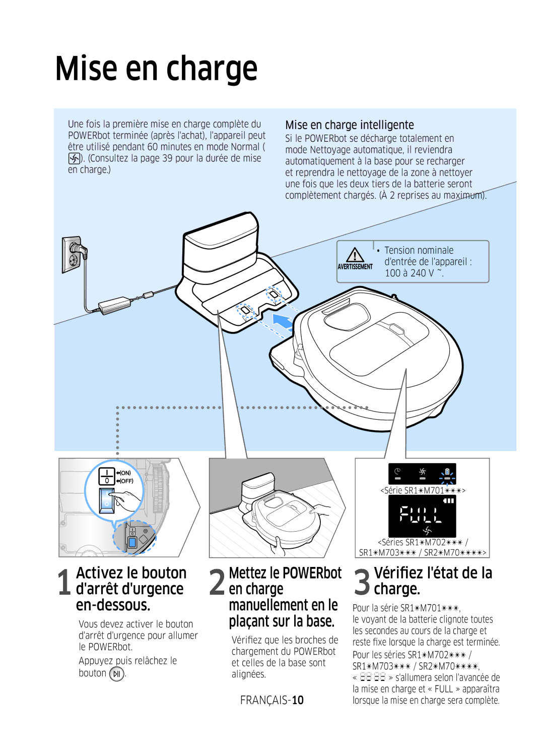 Samsung VR1GM7020UG/EG manual Mise en charge intelligente, FRANÇAIS-10, Tension nominale, Pour la série SR1M701 