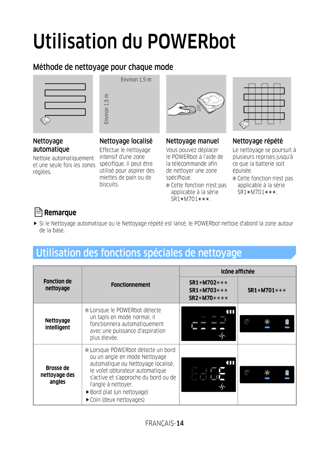 Samsung VR2DM7060WD/EG manual Utilisation des fonctions spéciales de nettoyage, Méthode de nettoyage pour chaque mode 