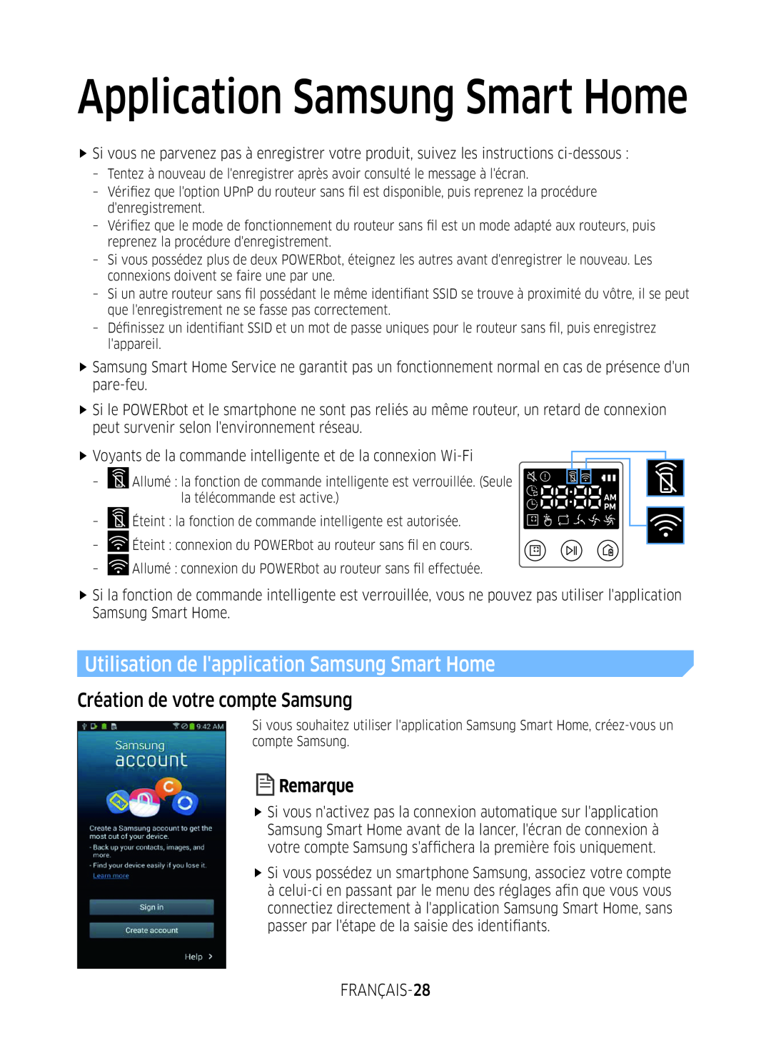 Samsung VR2DM7060WD/EG manual Utilisation de lapplication Samsung Smart Home, Création de votre compte Samsung, Remarque 