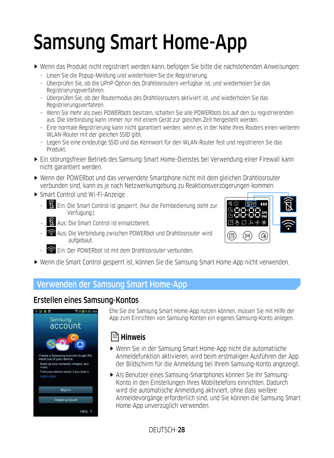 Samsung VR1DM7020UH/EG, VR2GM7050UU/EG manual Verwenden der Samsung Smart Home-App, Erstellen eines Samsung-Kontos, Hinweis 