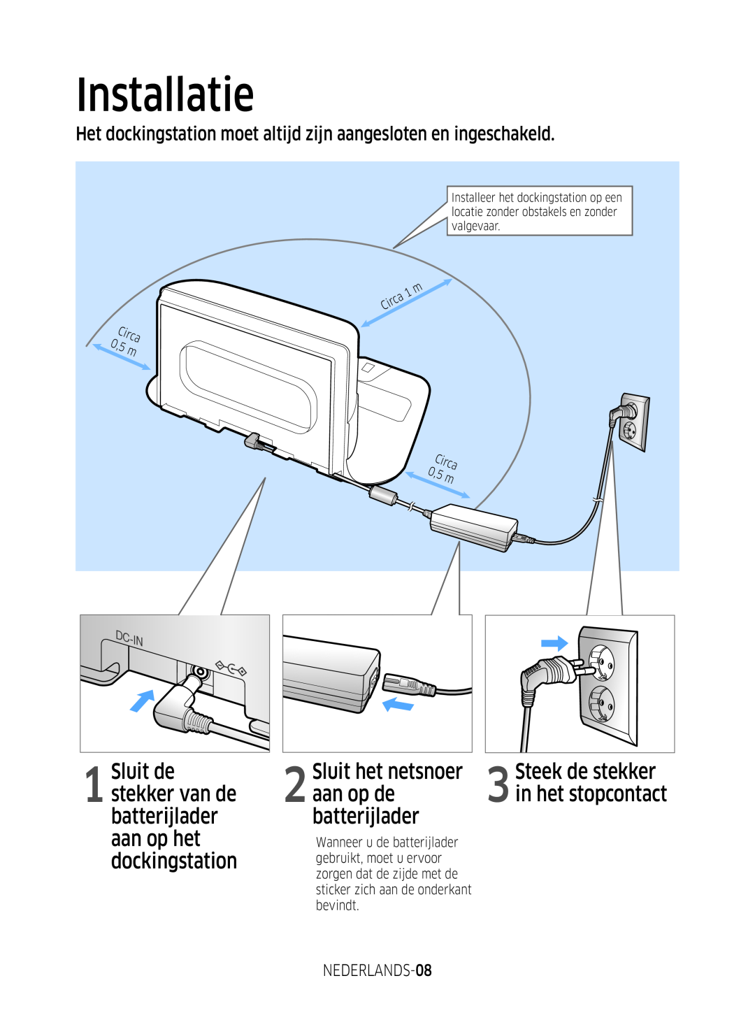 Samsung VR1GM7020UG/EG Installatie, Sluit de, Sluit het netsnoer, 1stekker van de, 2aan op de, batterijlader, aan op het 