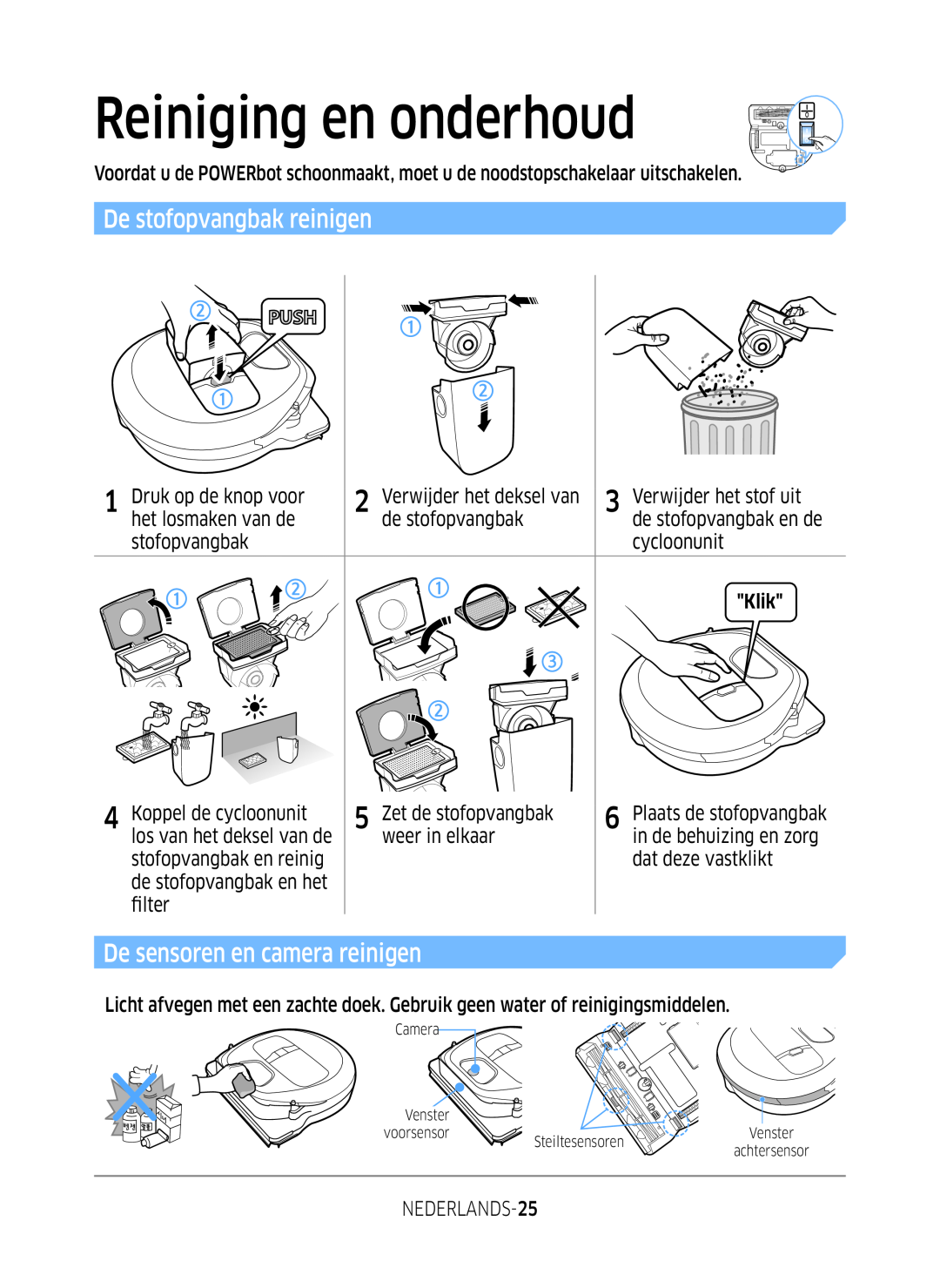 Samsung VR1GM7030WW/EG manual Reiniging en onderhoud, De stofopvangbak reinigen, De sensoren en camera reinigen, Klik 