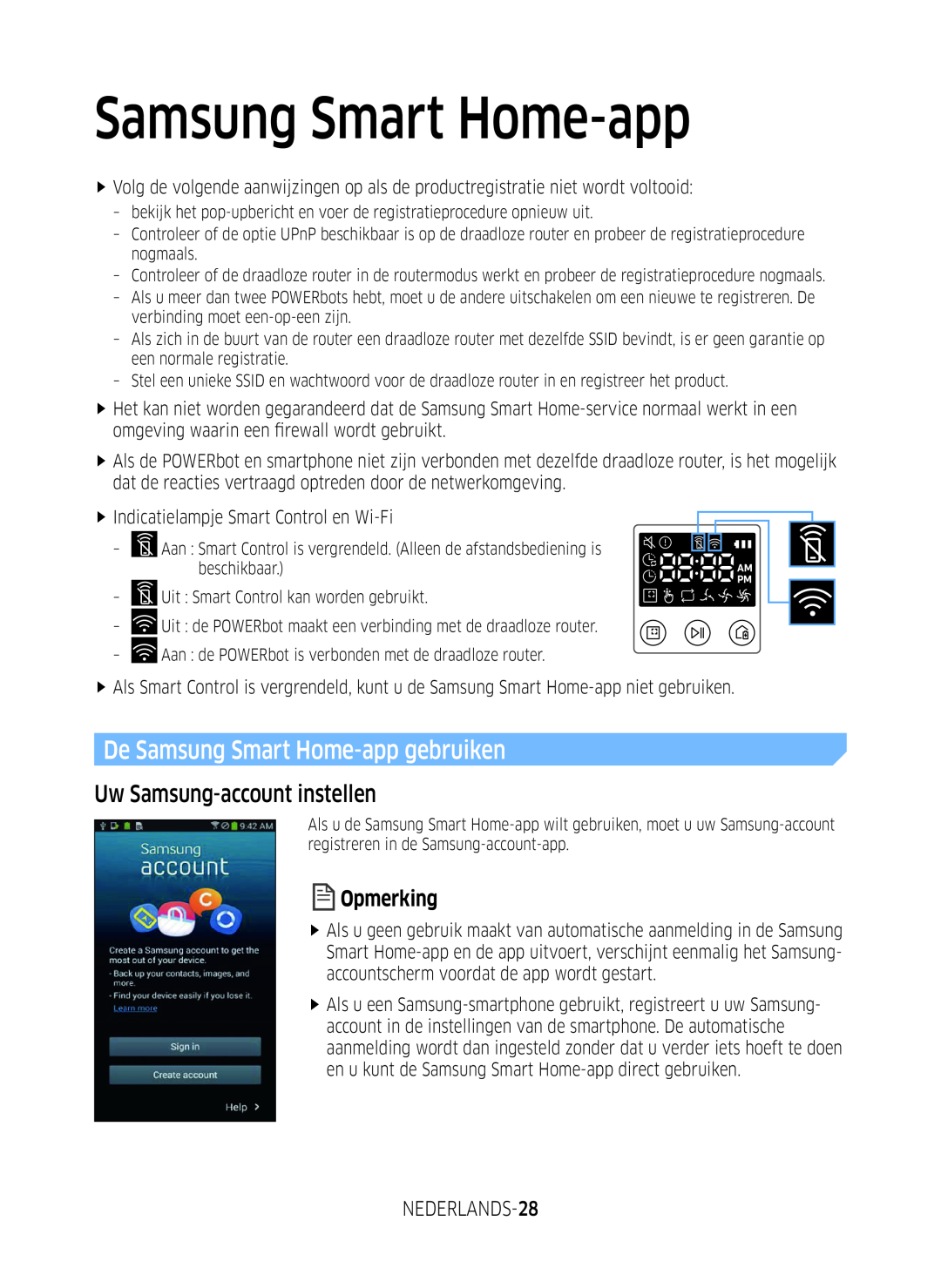 Samsung VR2GM7070WS/EG, VR1DM7020UH/EG manual De Samsung Smart Home-app gebruiken, Uw Samsung-account instellen, Opmerking 