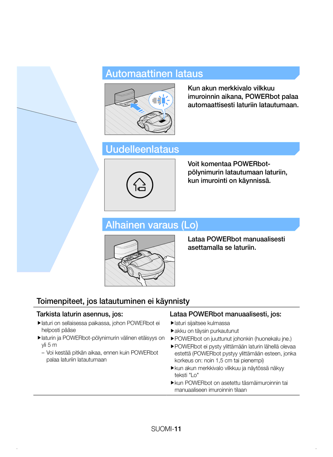 Samsung VR20H9050UW/EE Automaattinen lataus, Alhainen varaus Lo, Toimenpiteet, jos latautuminen ei käynnisty, SUOMI-11 