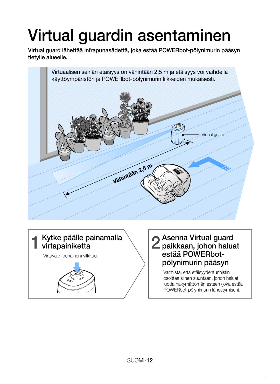 Samsung VR20H9050UW/EE manual Virtual guardin asentaminen, SUOMI-12, Virtavalo punainen vilkkuu 