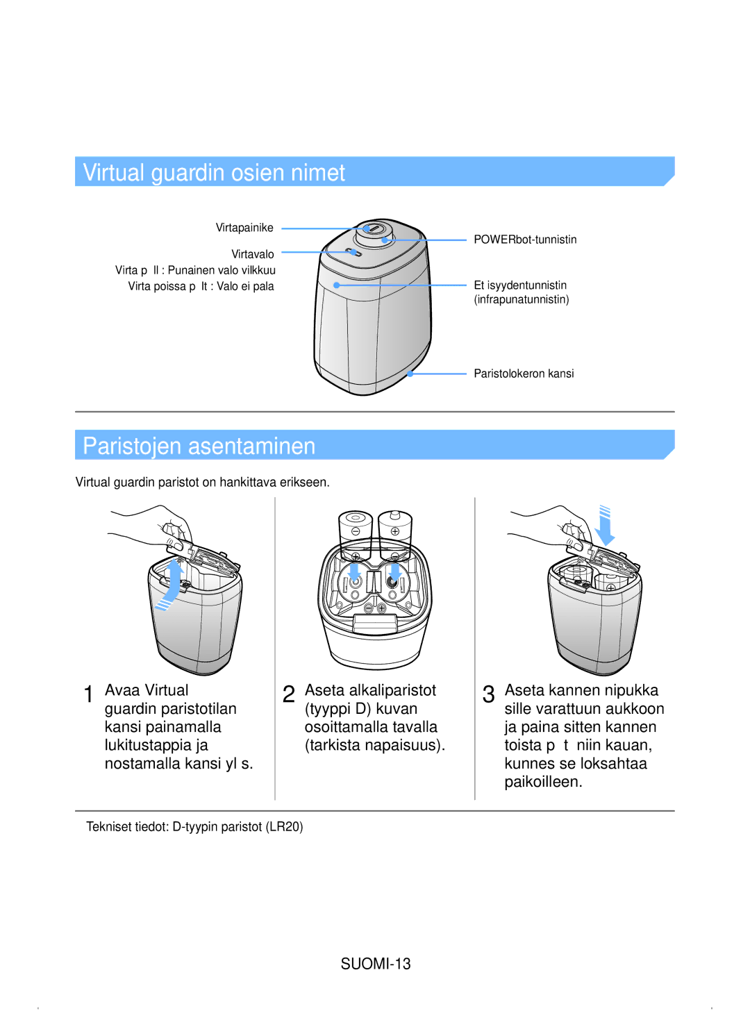 Samsung VR20H9050UW/EE manual Virtual guardin osien nimet, Paristojen asentaminen, SUOMI-13 