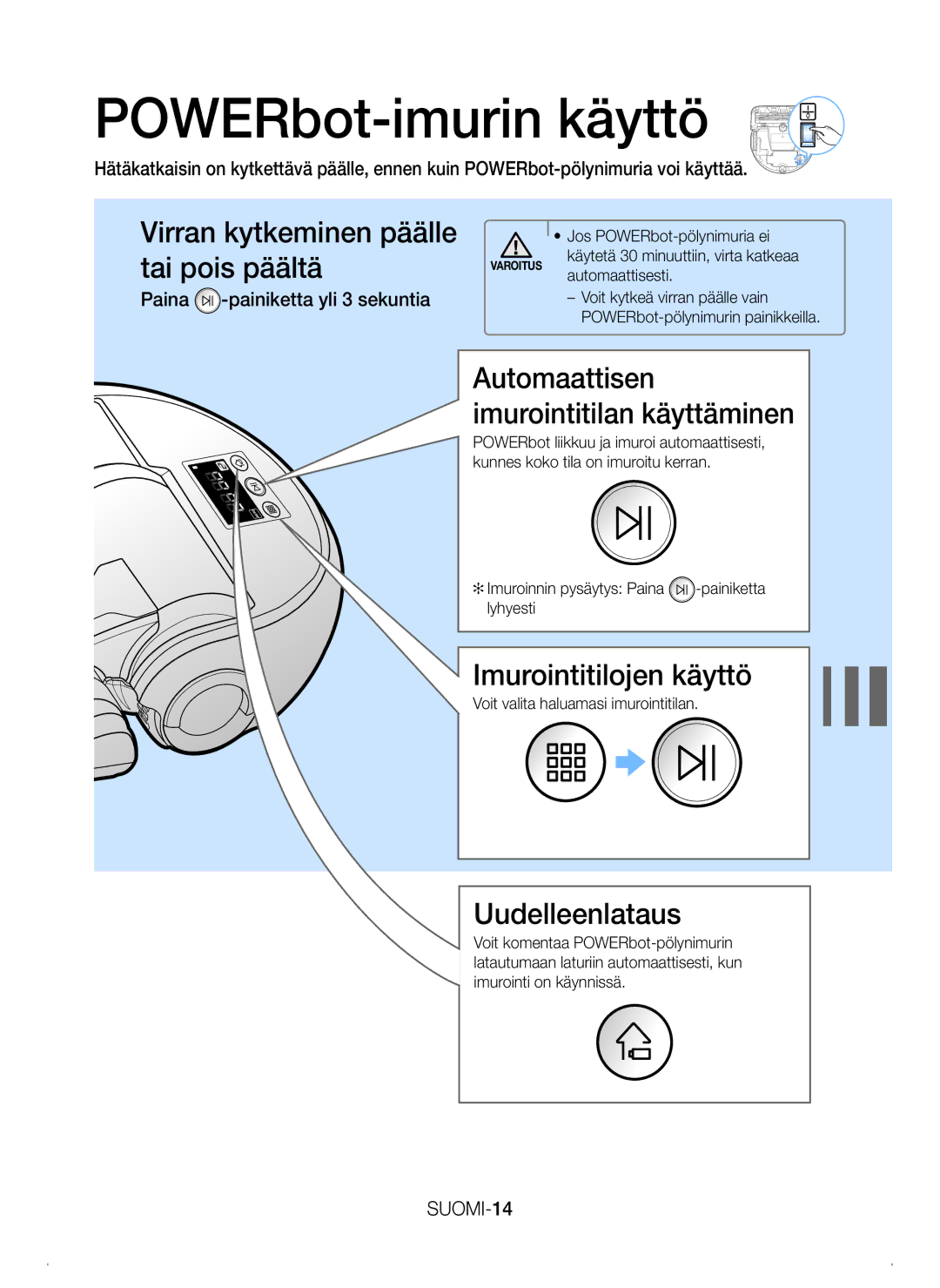 Samsung VR20H9050UW/EE POWERbot-imurin käyttö, Virran kytkeminen päälle Tai pois päältä, Imurointitilojen käyttö, SUOMI-14 