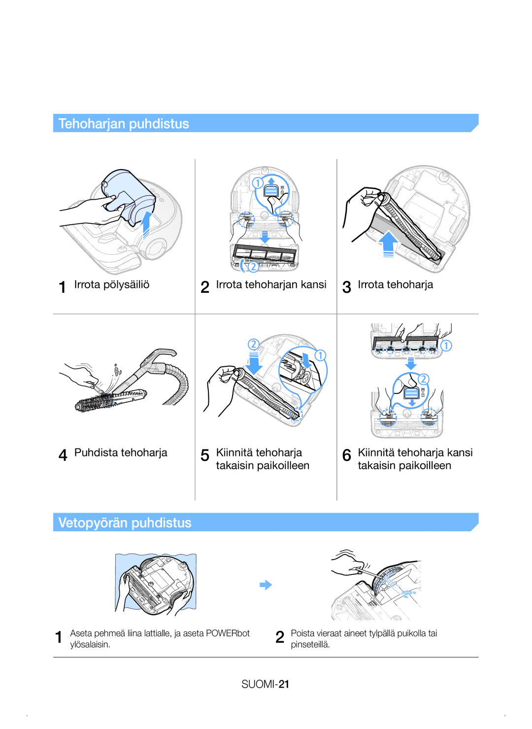 Samsung VR20H9050UW/EE Tehoharjan puhdistus, Vetopyörän puhdistus, Irrota pölysäiliö Irrota tehoharjan kansi, SUOMI-21 