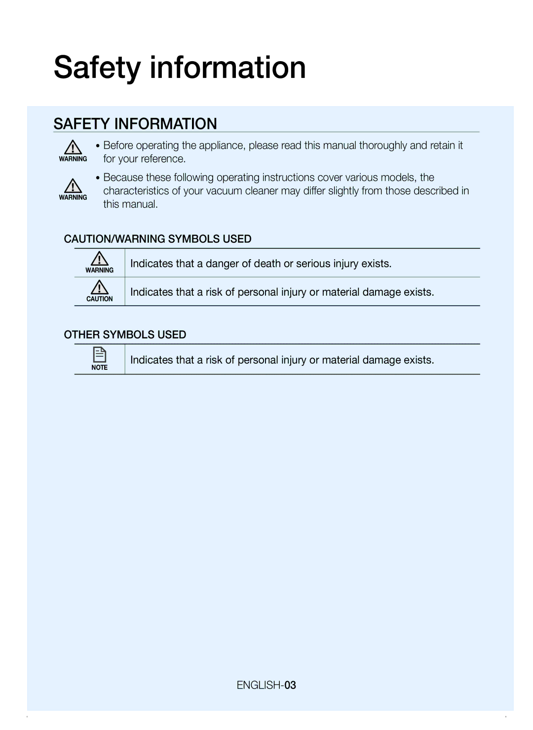 Samsung VR20H9050UW/EE manual Safety information, Other Symbols Used, ENGLISH-03 