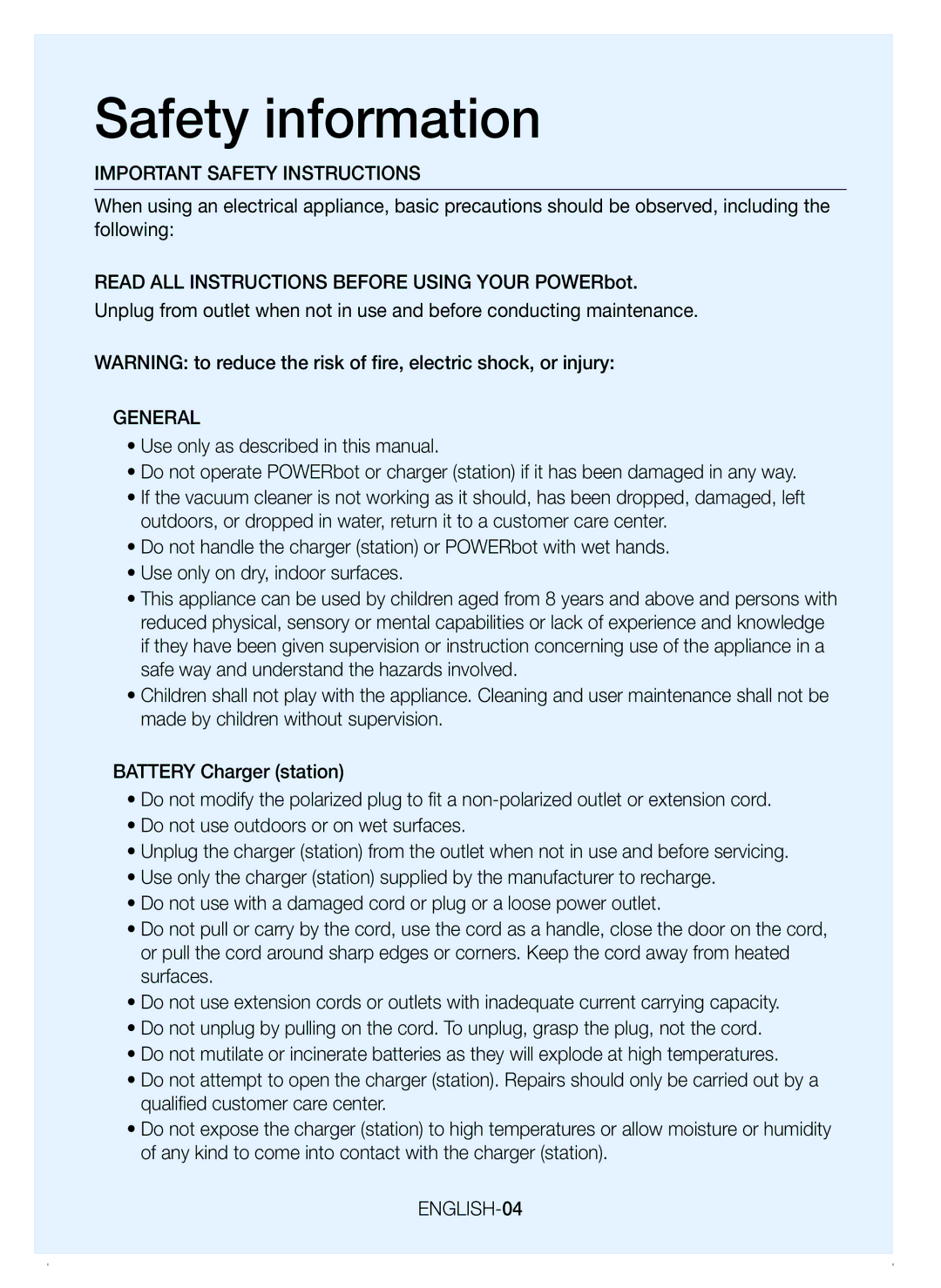 Samsung VR20H9050UW/EE manual General, ENGLISH-04 