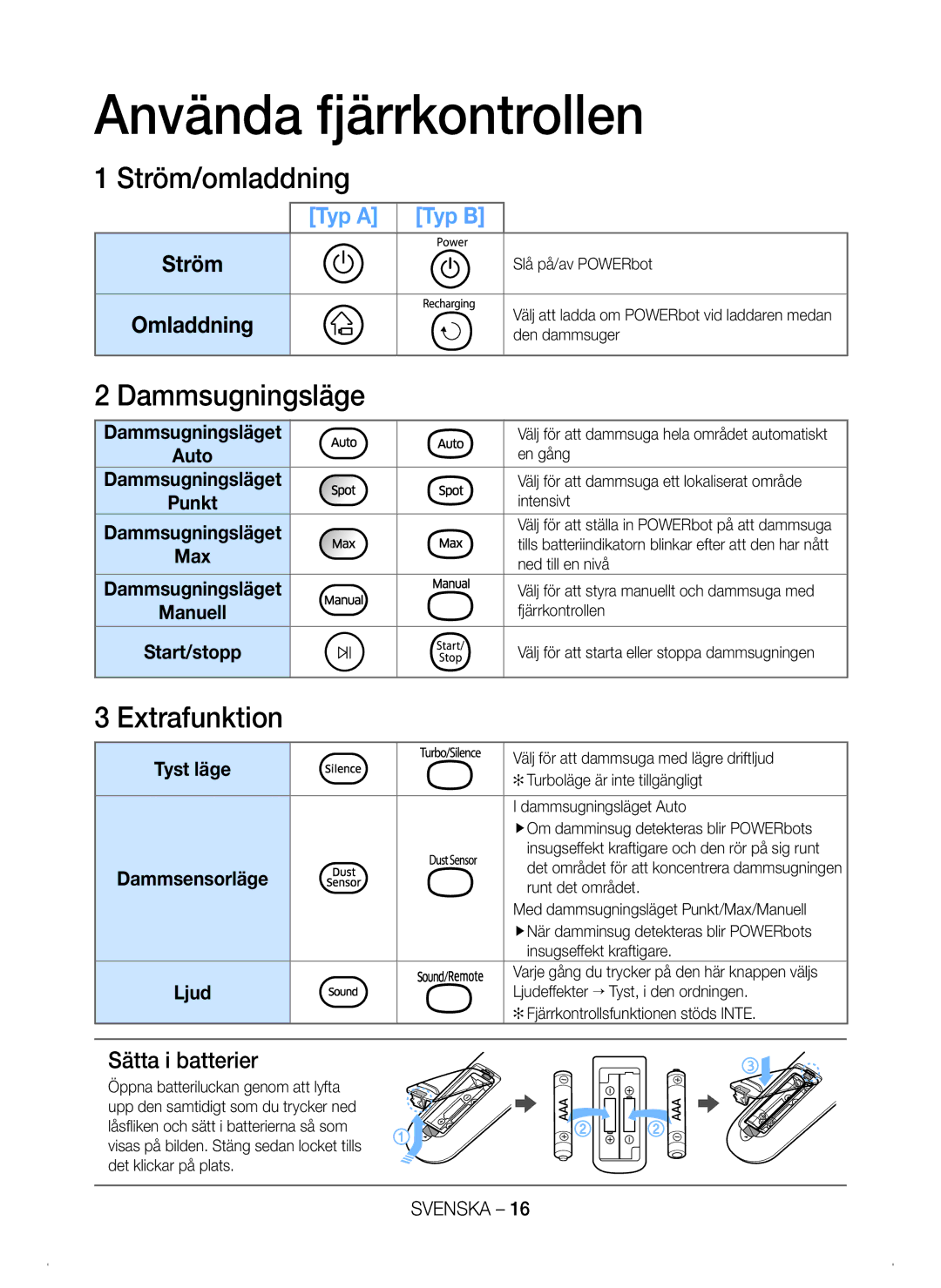 Samsung VR20H9050UW/EE manual Använda fjärrkontrollen, Ström/omladdning, Dammsugningsläge, Extrafunktion, Sätta i batterier 