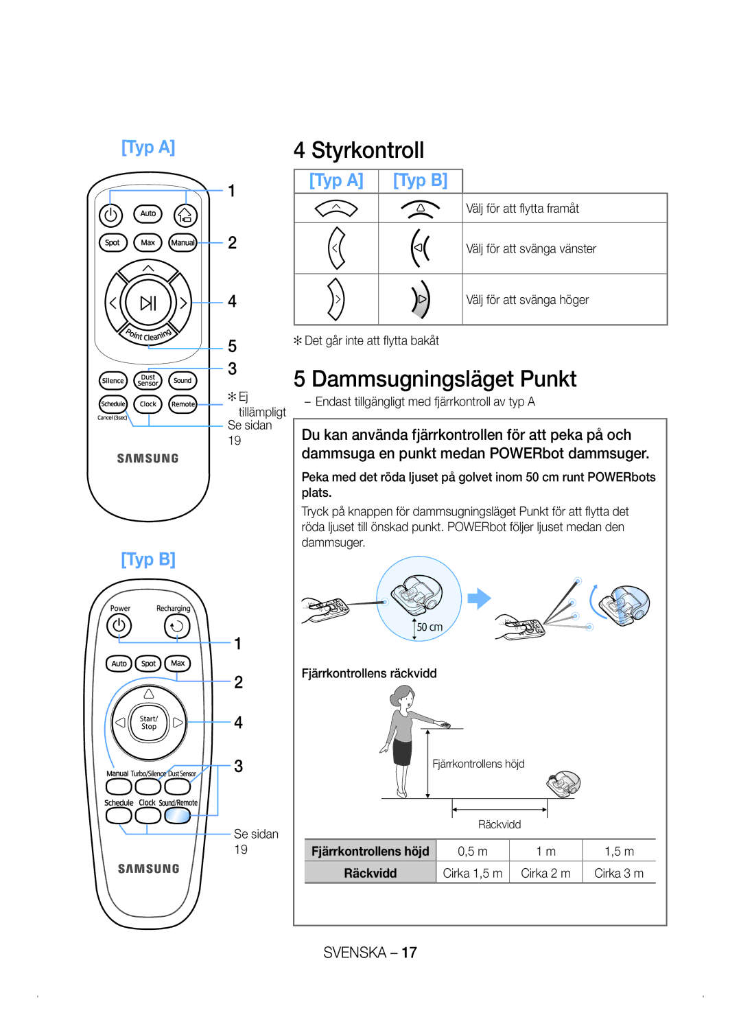 Samsung VR20H9050UW/EE manual Styrkontroll, Dammsugningsläget Punkt, Tillämpligt Se sidan, Fjärrkontrollens räckvidd 