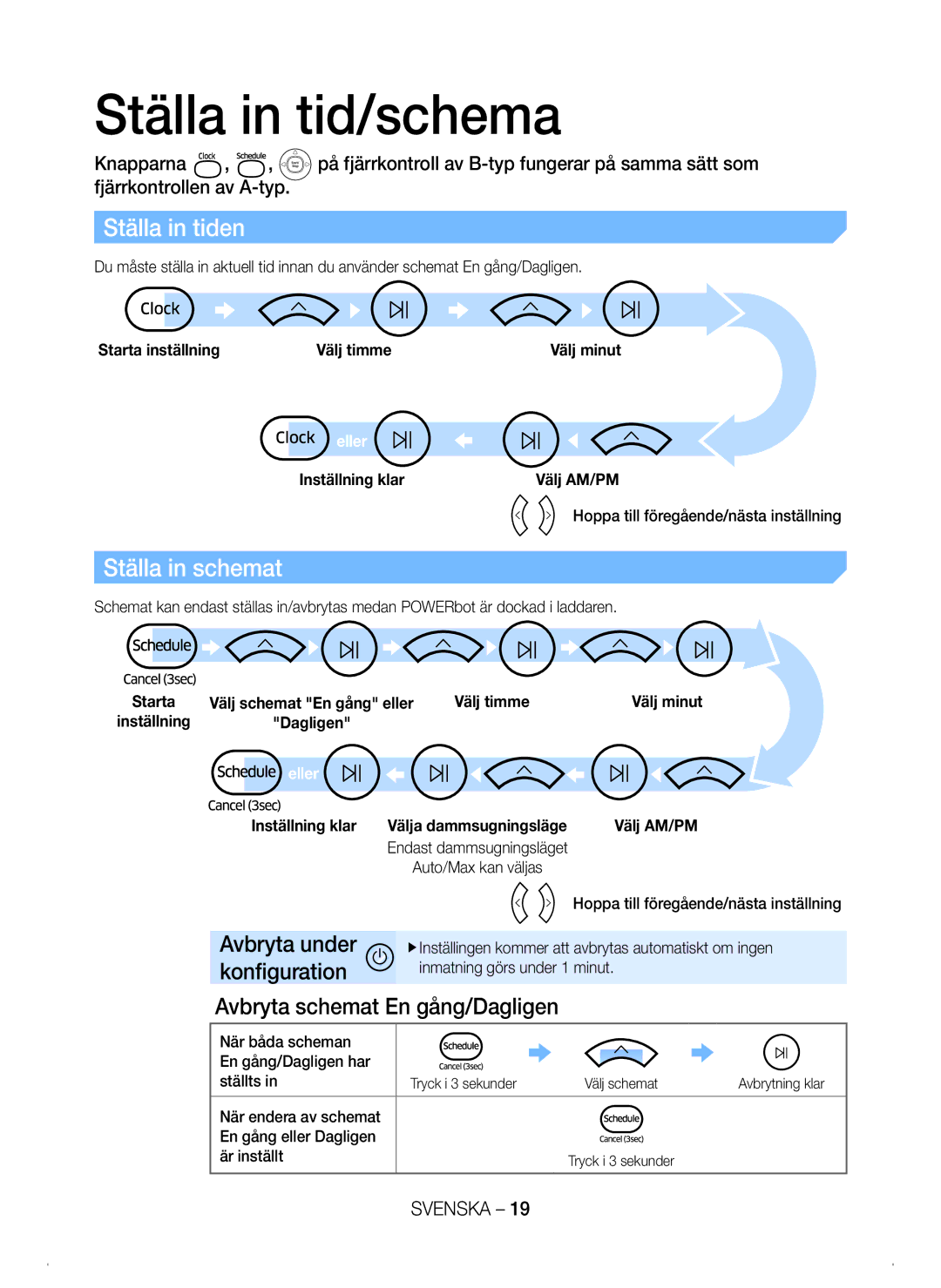 Samsung VR20H9050UW/EE manual Ställa in tid/schema, Ställa in tiden, Ställa in schemat, Avbryta schemat En gång/Dagligen 