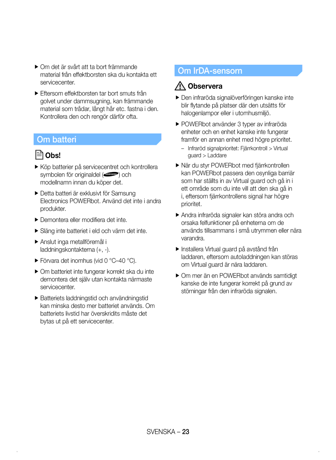 Samsung VR20H9050UW/EE manual Om batteri, Om IrDA-sensorn, FfKöp batterier på servicecentret och kontrollera 