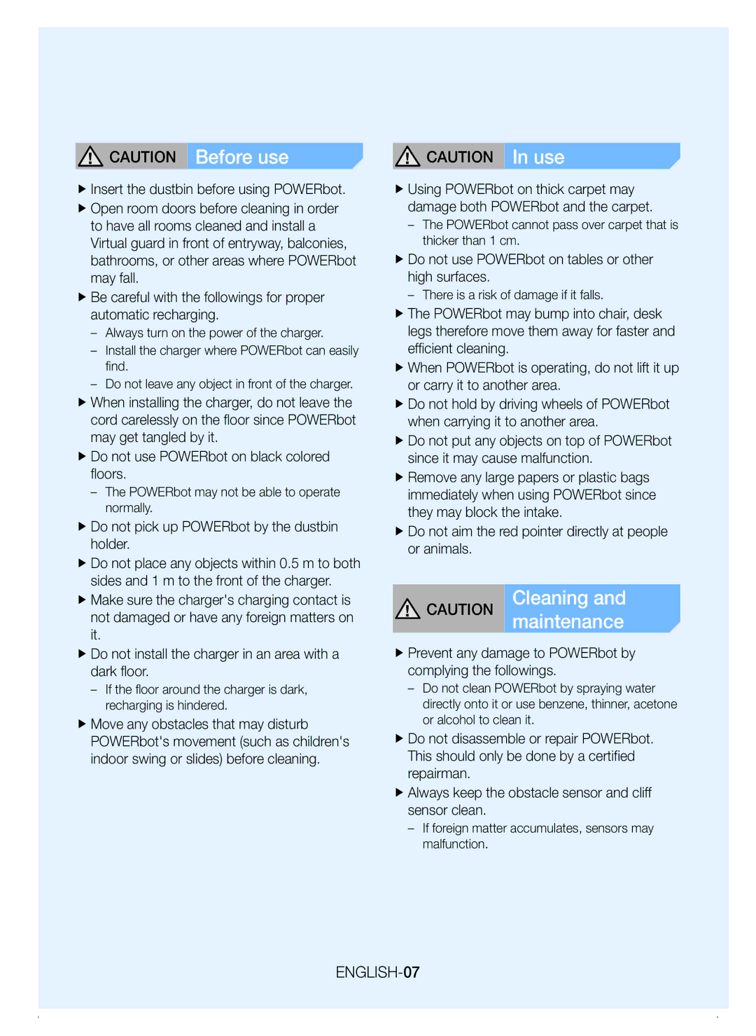 Samsung VR20H9050UW/EE manual ENGLISH-07, FfDo not pick up POWERbot by the dustbin holder 